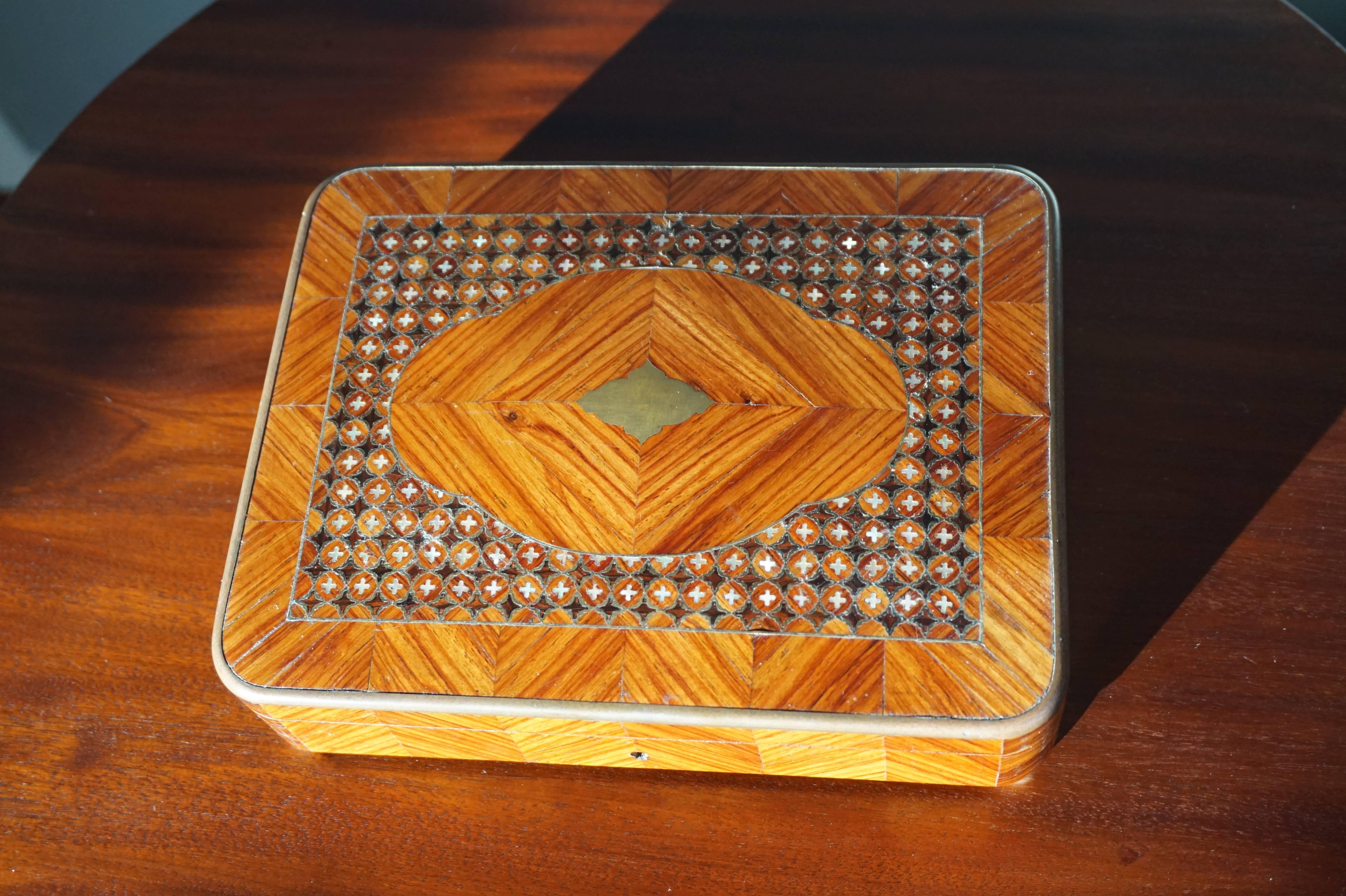 Hand-Crafted Antique & Unique French Satinwood and Nutwood Jewelry Box with Brass Inlay 1800s For Sale