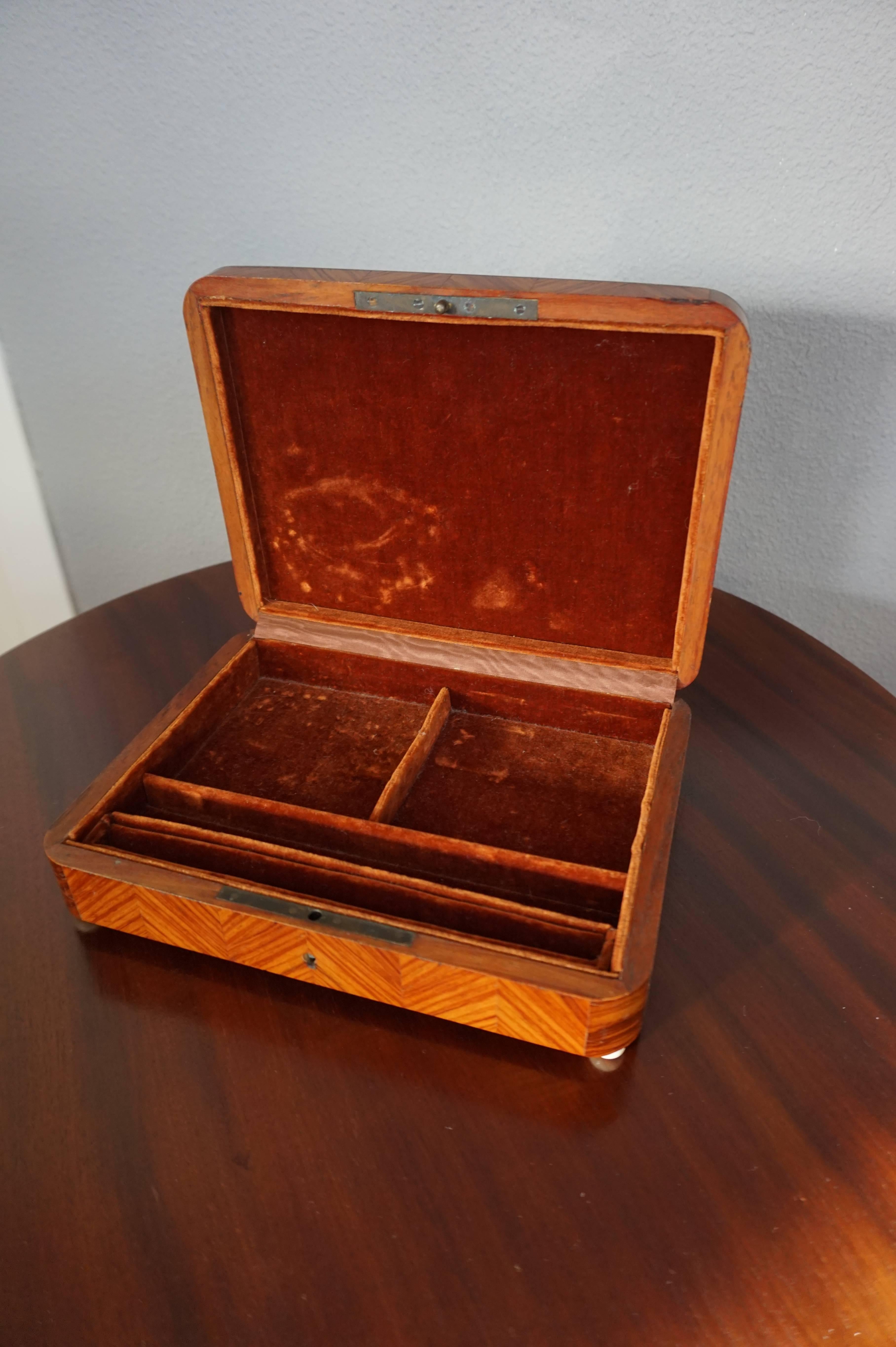19th Century Antique & Unique French Satinwood and Nutwood Jewelry Box with Brass Inlay 1800s For Sale