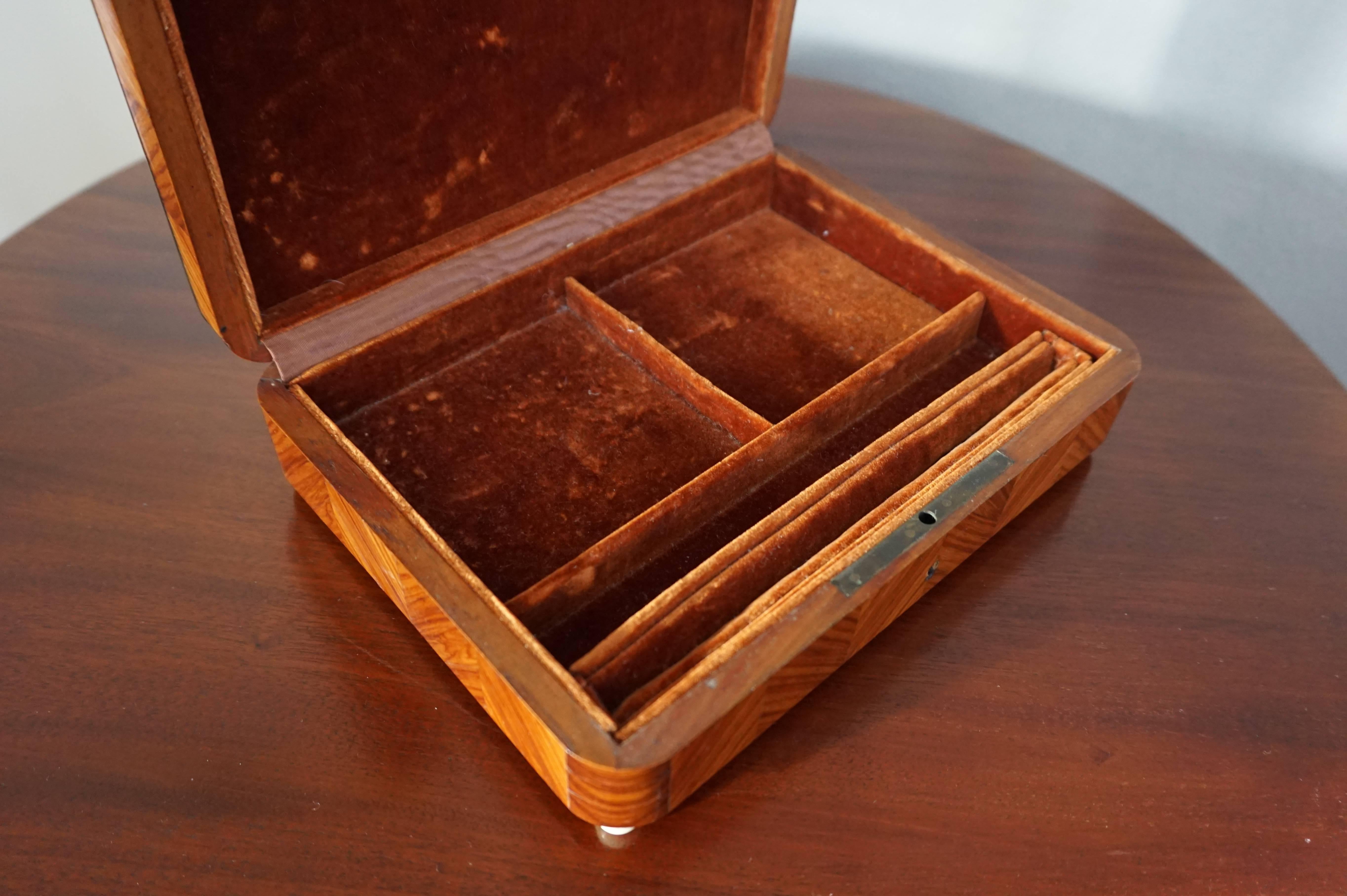 Antique & Unique French Satinwood and Nutwood Jewelry Box with Brass Inlay 1800s For Sale 1