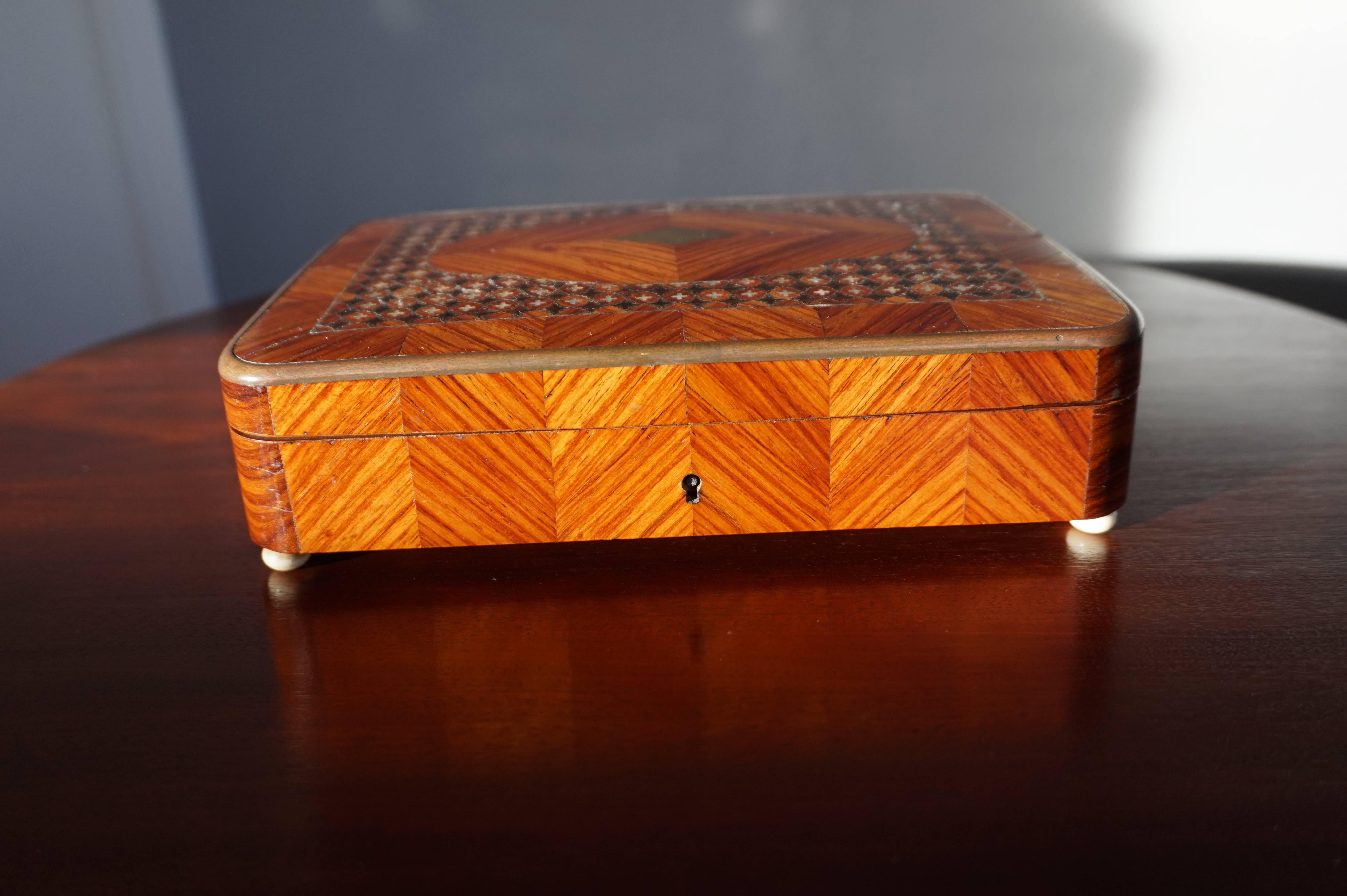 Antique & Unique French Satinwood and Nutwood Jewelry Box with Brass Inlay 1800s For Sale 3