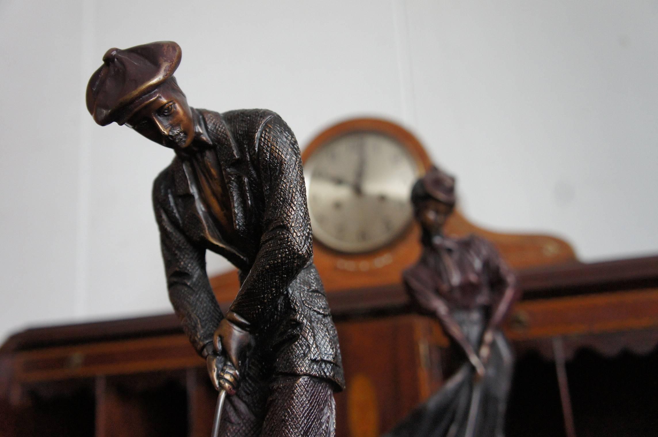 Art Deco Vintage Pair of Bronze Male & Female Golfer Sculpture in 1920s Outfit on Marble