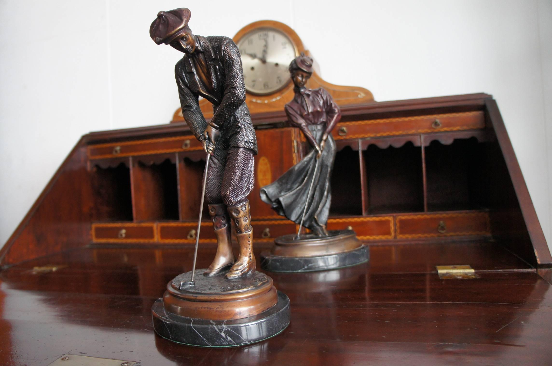 Patinated Vintage Pair of Bronze Male & Female Golfer Sculpture in 1920s Outfit on Marble