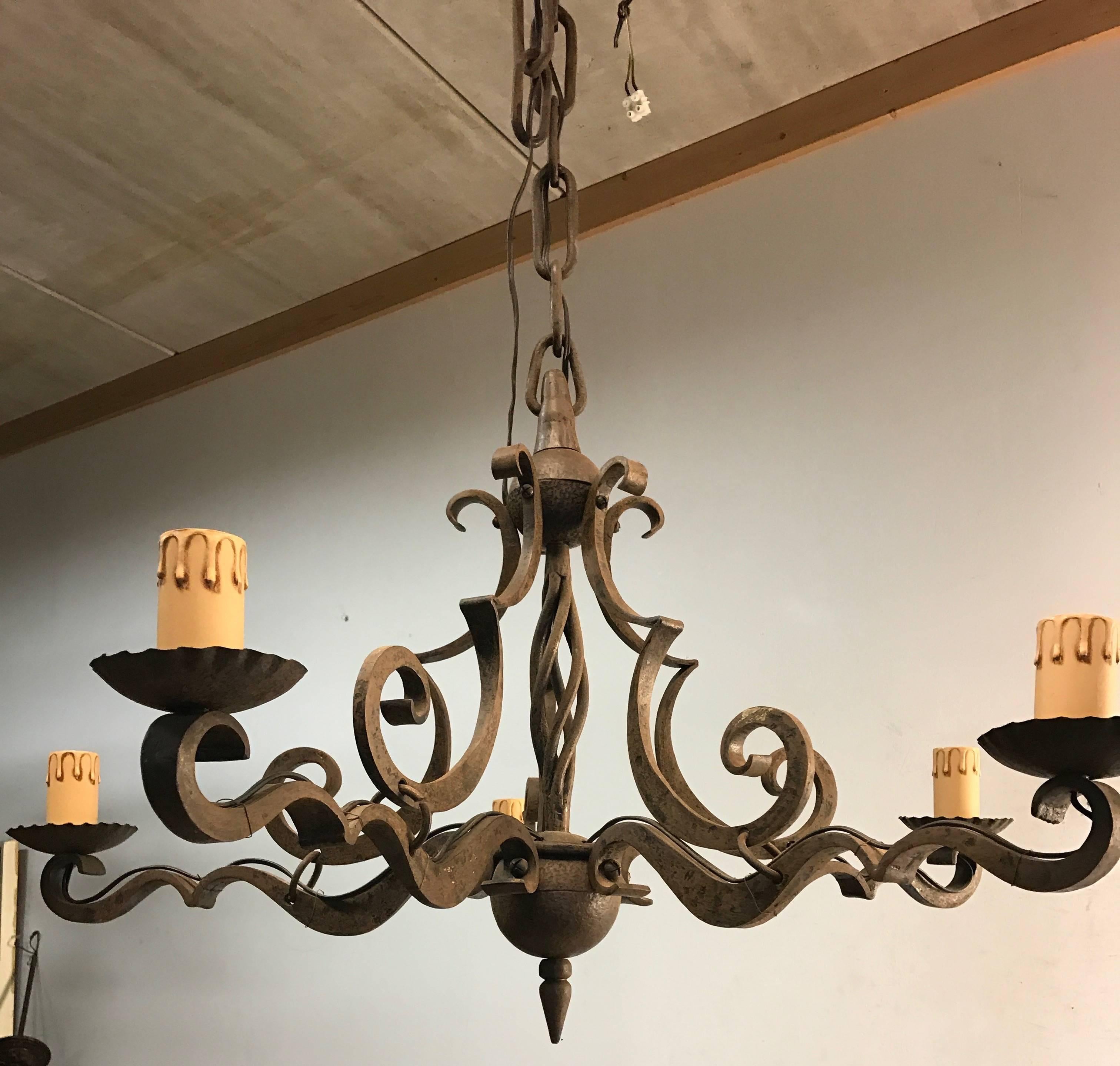 Hand-Crafted Early 1900 Arts & Crafts Hand-Forged Wrought Iron Quality Pendant  / Chandelier