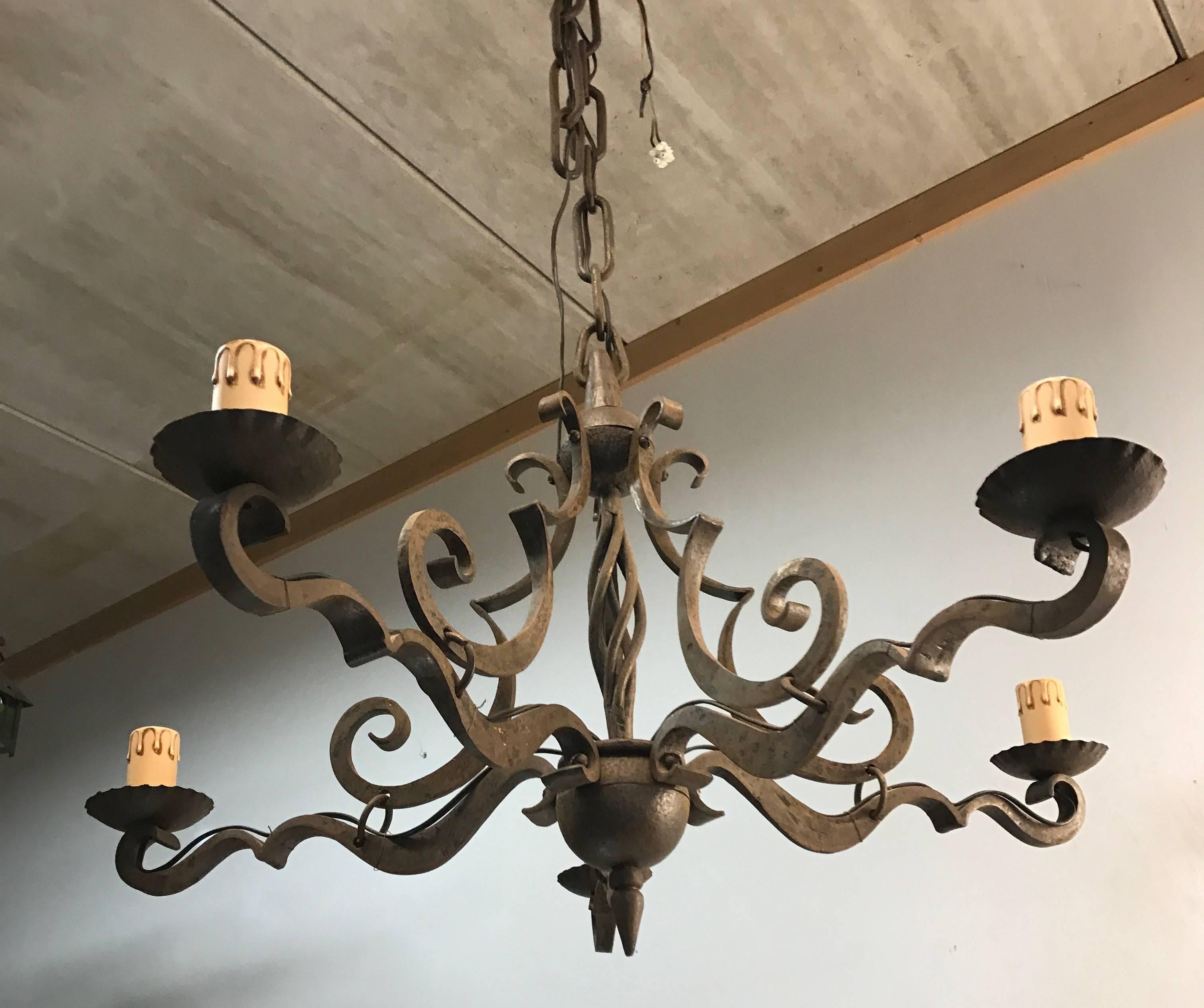 Early 1900 Arts & Crafts Hand-Forged Wrought Iron Quality Pendant  / Chandelier 1