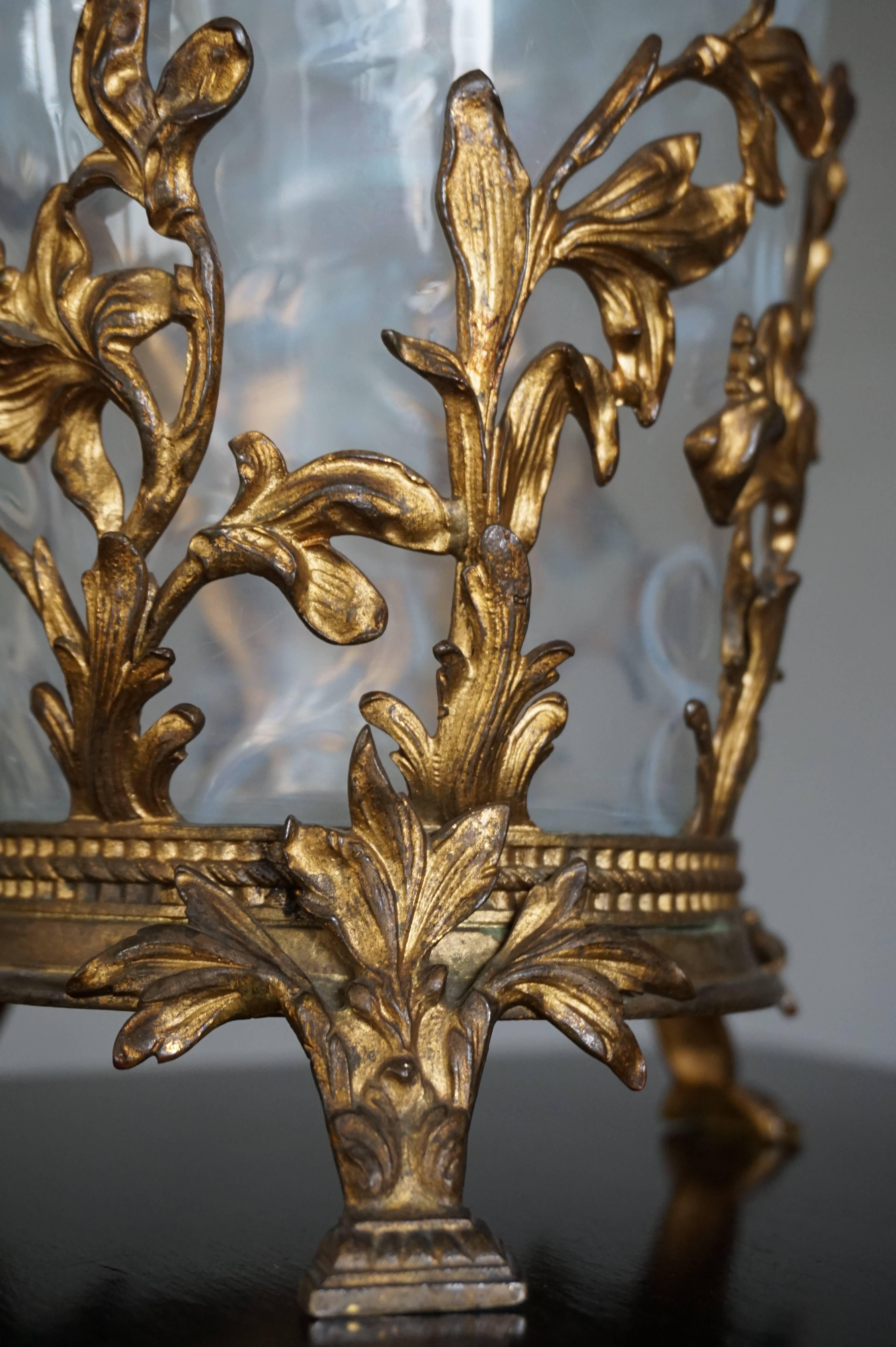 European Antique Art Nouveau Iridescent Glass Vase Amazing Design with a Gilt Bronze Base