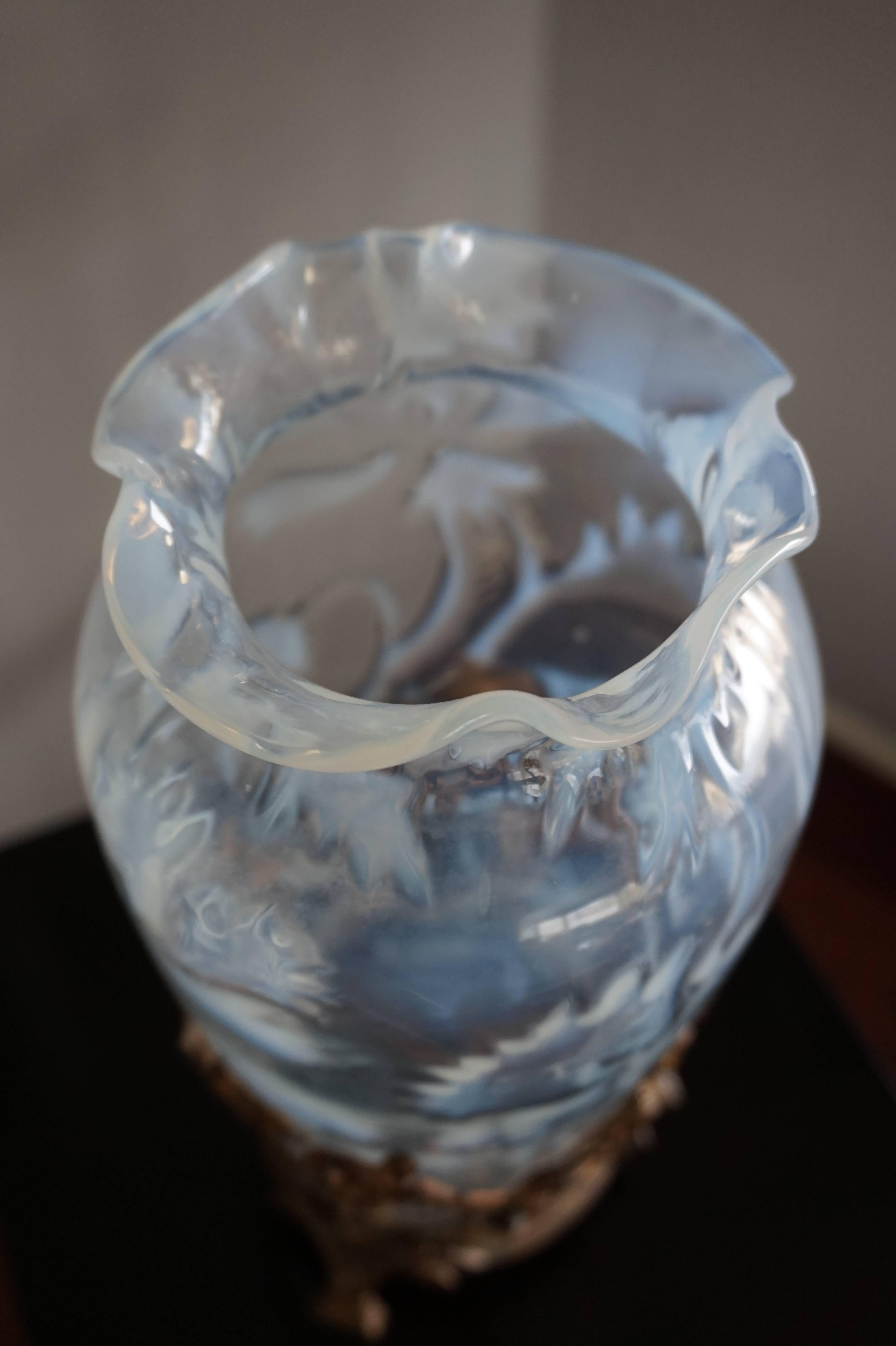 19th Century Antique Art Nouveau Iridescent Glass Vase Amazing Design with a Gilt Bronze Base
