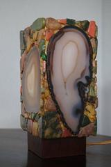 Rare Mid-Century Agate & Mineral Stone Table Lamp with Bakelite & Mahogany Base