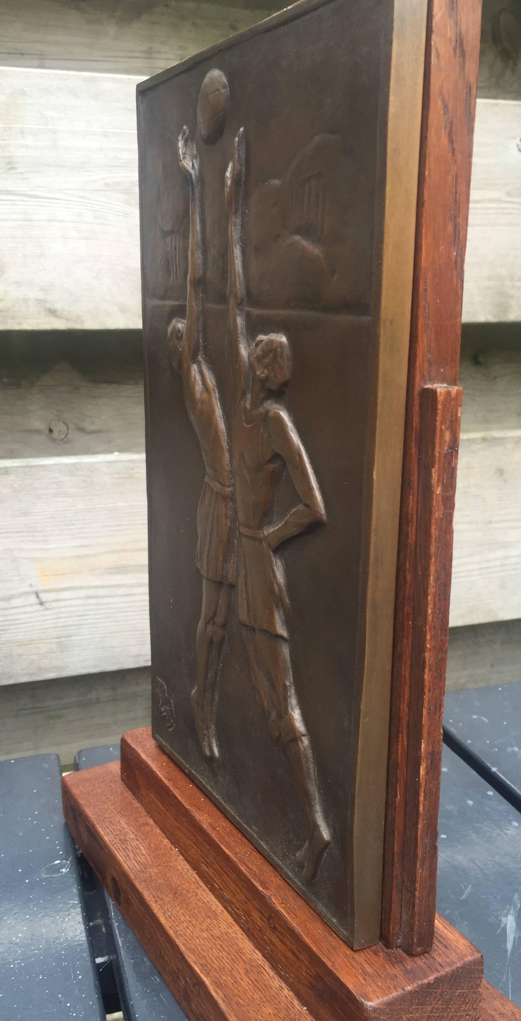 20th Century Stunning Art Deco Bronze Basketball Plaque Table or Desk Piece on Solid Oak Base