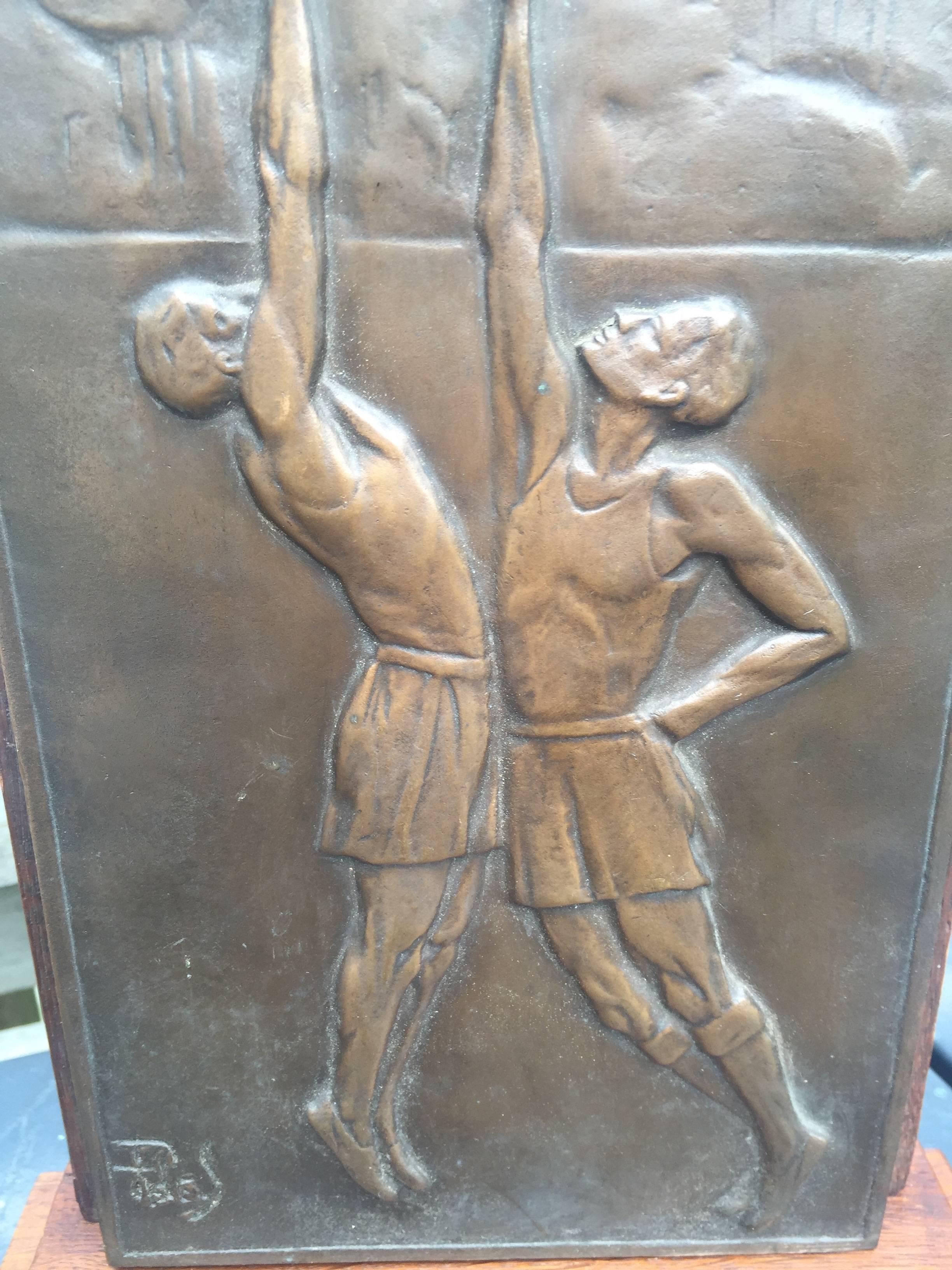 Stunning Art Deco Bronze Basketball Plaque Table or Desk Piece on Solid Oak Base 2