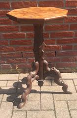 Antique Carved Wooden Tripod Wine Table or Plant Stand with Marquetry Inlaid Top