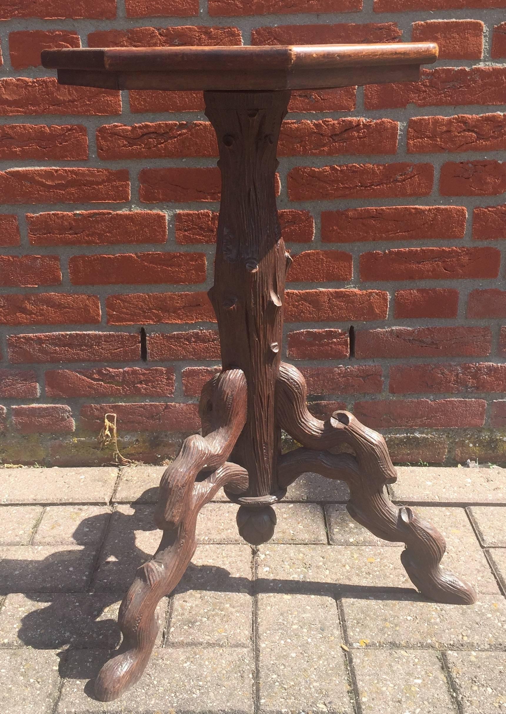 Dutch Antique Carved Wooden Tripod Wine Table or Plant Stand with Marquetry Inlaid Top For Sale