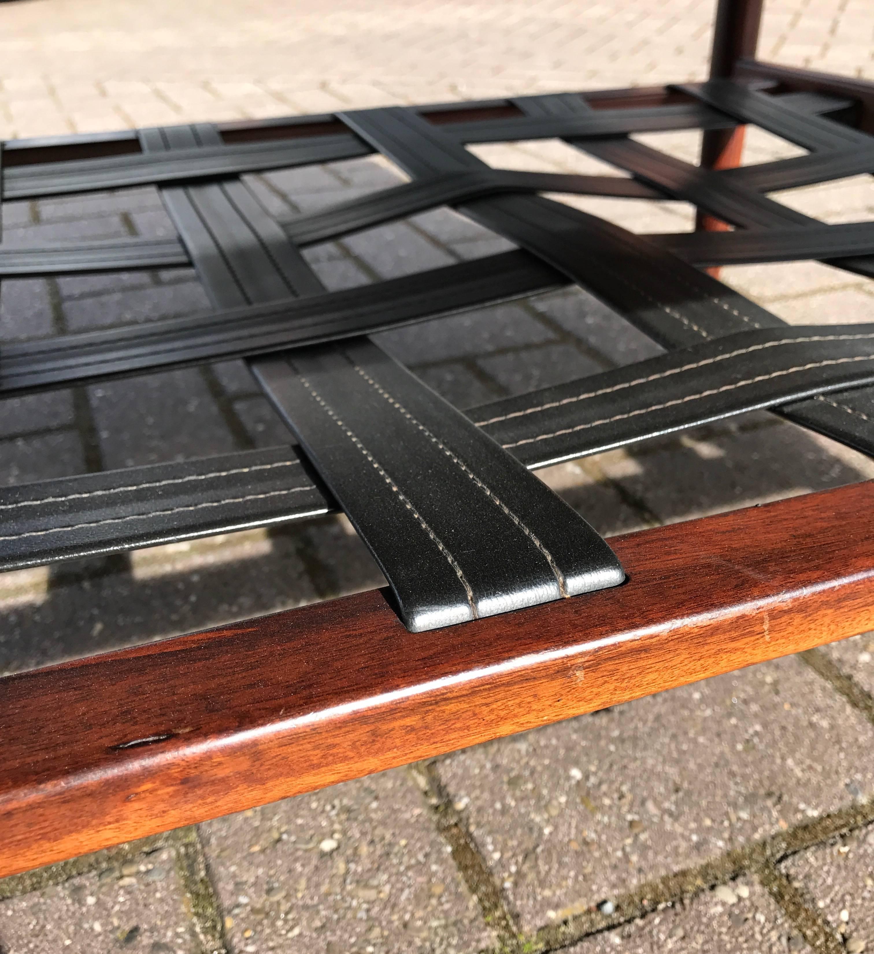 Mid-Century Danish Solid Teakwood Coffee Table with Black Leather Magazine Rack 9
