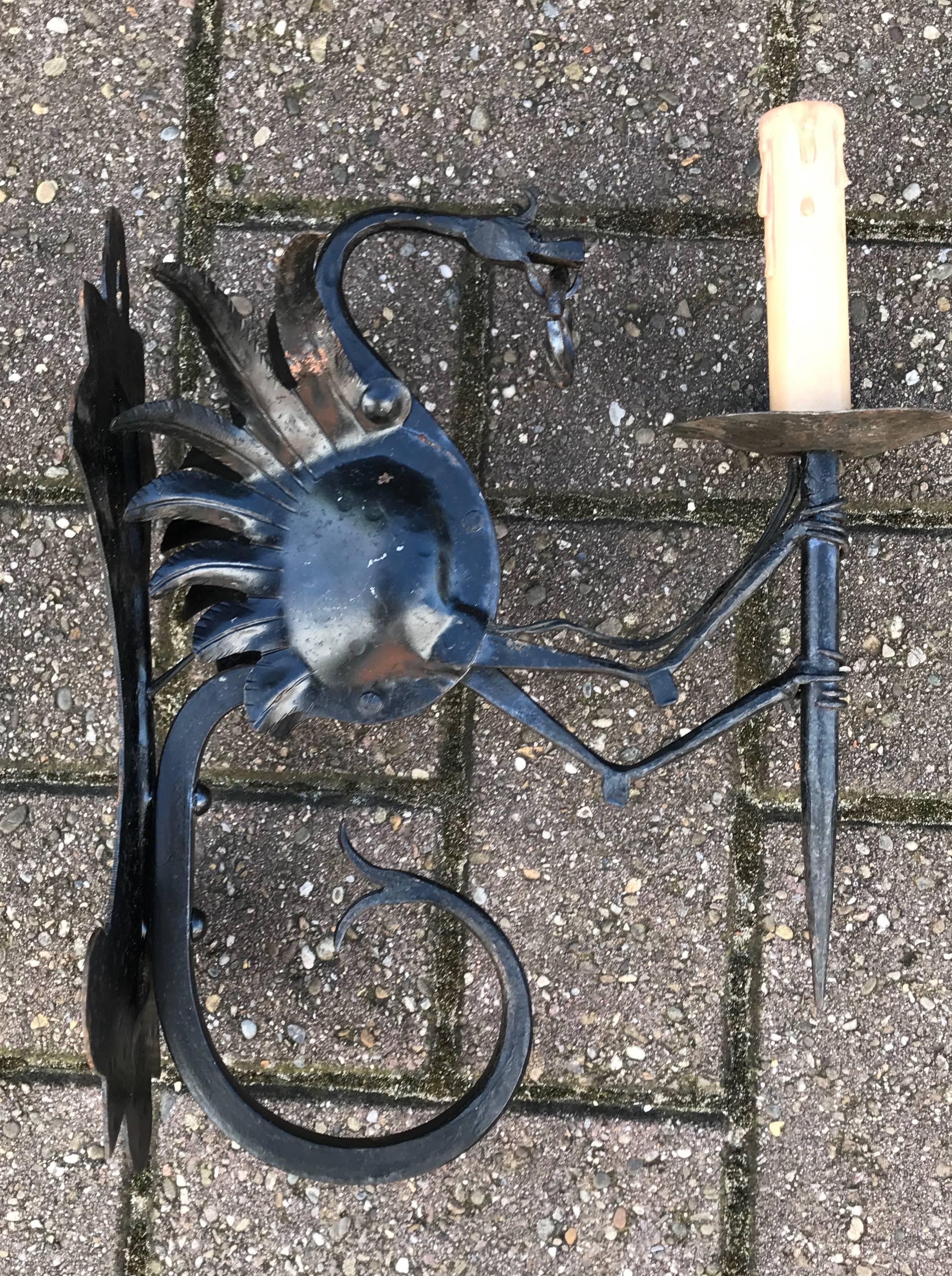  Artistic Design Hand Crafted Wrought Iron Dragon Wall Sconce Light In Excellent Condition In Lisse, NL