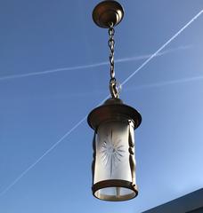 Lovely Small Art Deco Brass and Hand Engraved Glass Pendant Ceiling Lamp Lantern