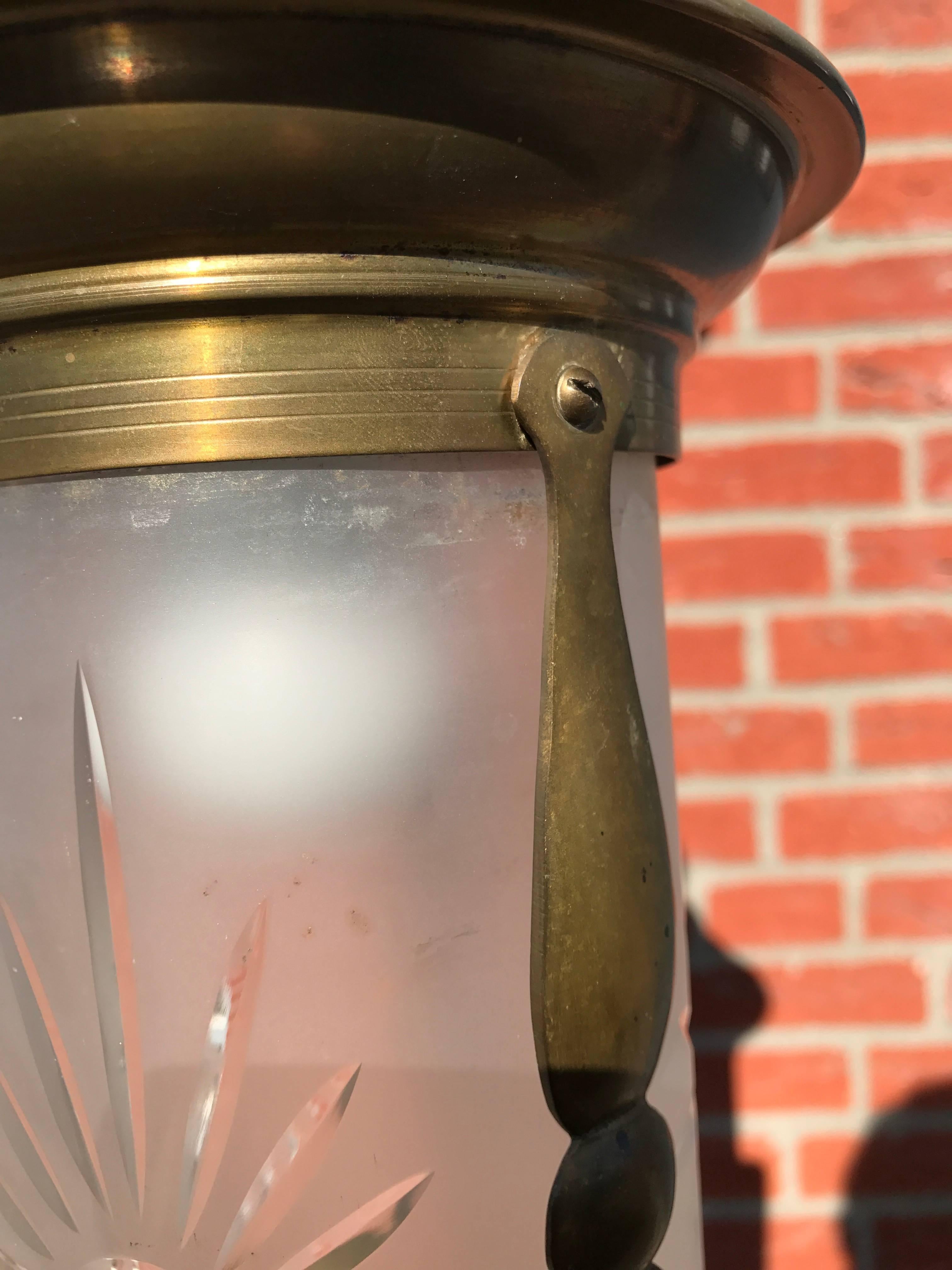 20th Century Lovely Small Art Deco Brass and Hand Engraved Glass Pendant Ceiling Lamp Lantern For Sale