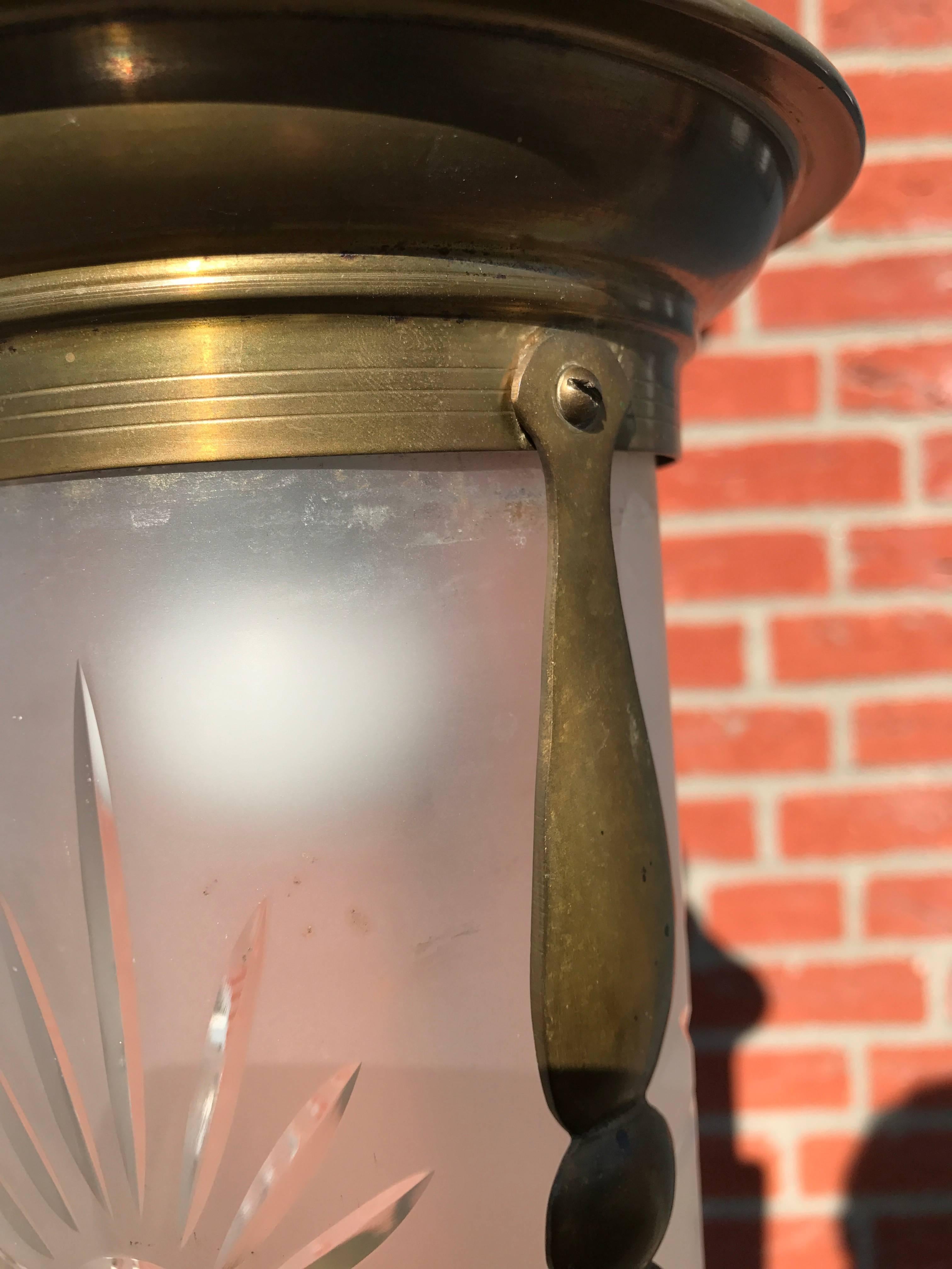 Lovely Small Art Deco Brass and Hand Engraved Glass Pendant Ceiling Lamp Lantern In Excellent Condition For Sale In Lisse, NL