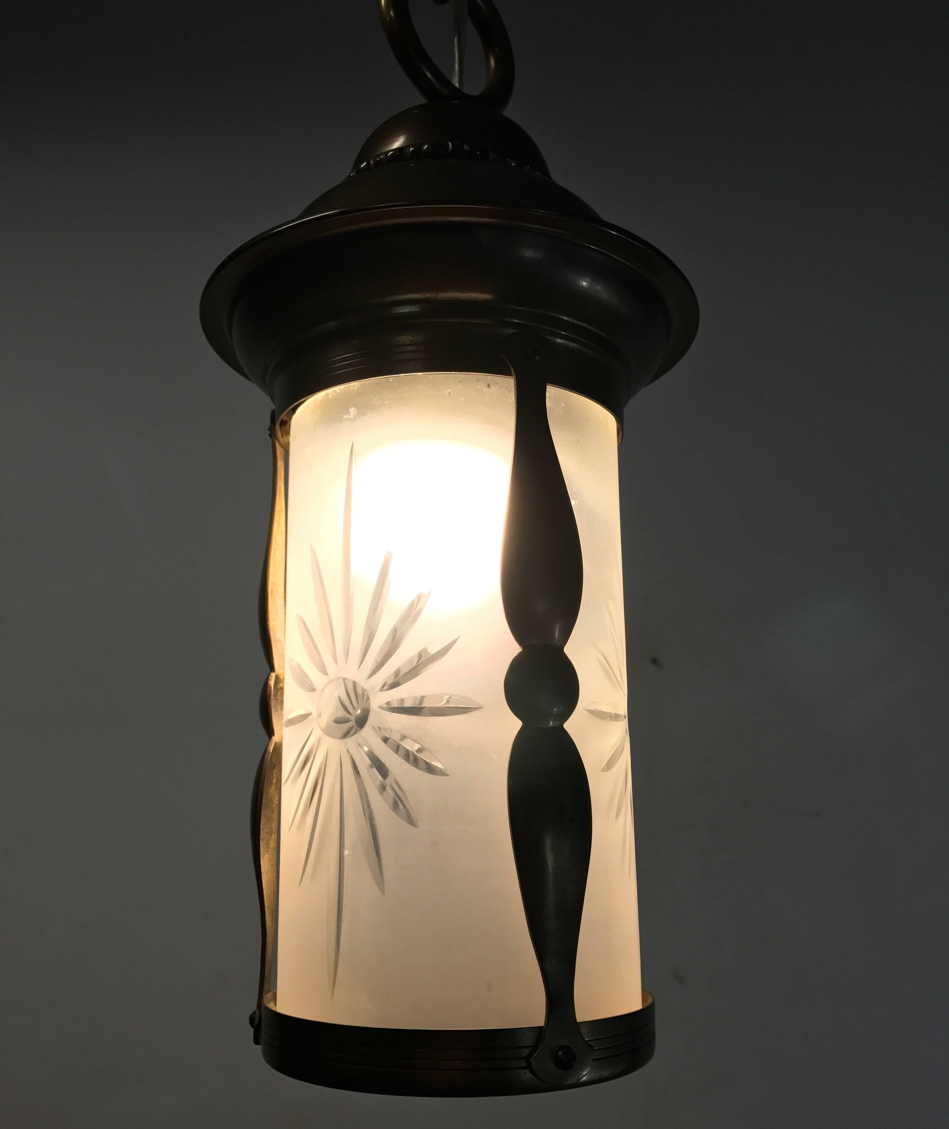 20th Century Lovely Small Art Deco Brass and Hand Engraved Glass Pendant Ceiling Lamp Lantern For Sale
