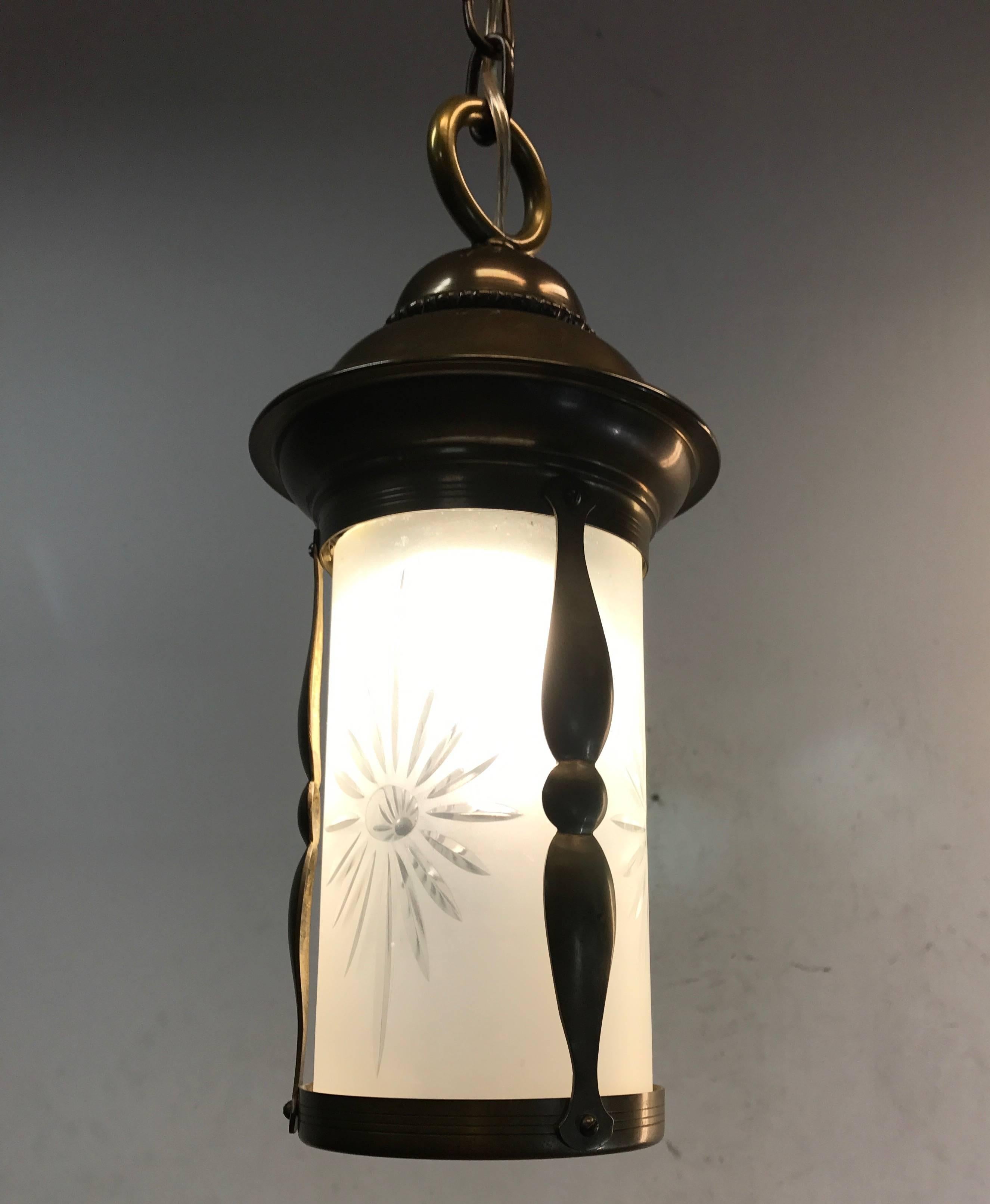 Lovely Small Art Deco Brass and Hand Engraved Glass Pendant Ceiling Lamp Lantern For Sale 1