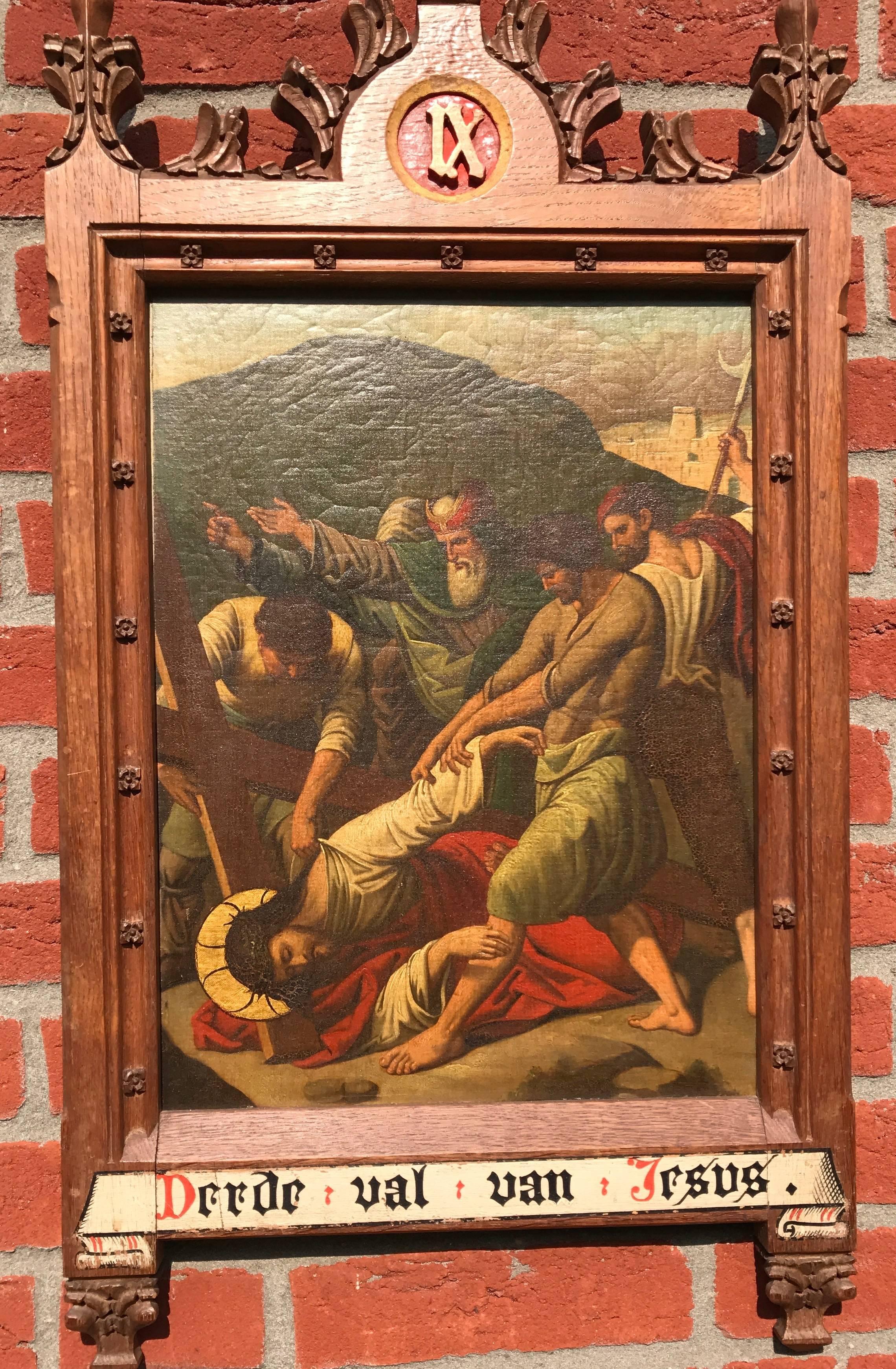 Another stunning religious work of art. 

This polychrome painting on metal depicts a suffering Jesus as he falls for the third time under the weight of his cross. This unique painting also is framed in a beautifully carved, Gothic Revival oak