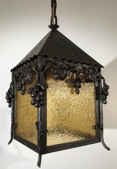 Unique Art Nouveau Wrougt Iron Pendant Light Porch Lantern by Alberic Plettinck