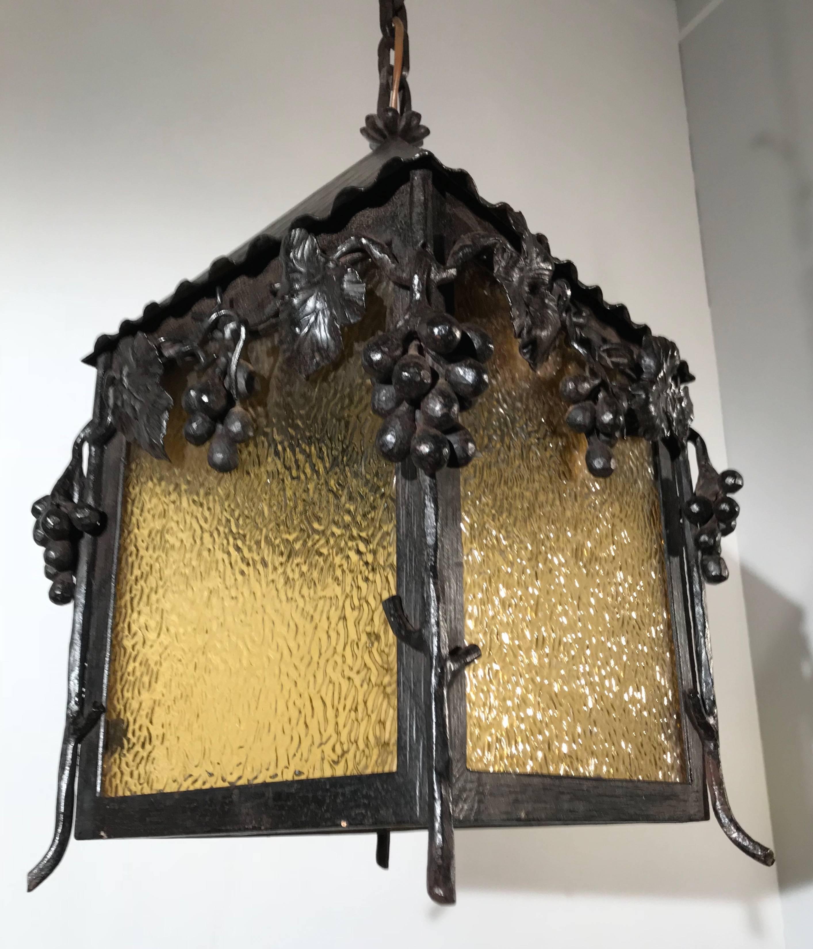 Belgian Unique Art Nouveau Wrougt Iron Pendant Light Porch Lantern by Alberic Plettinck