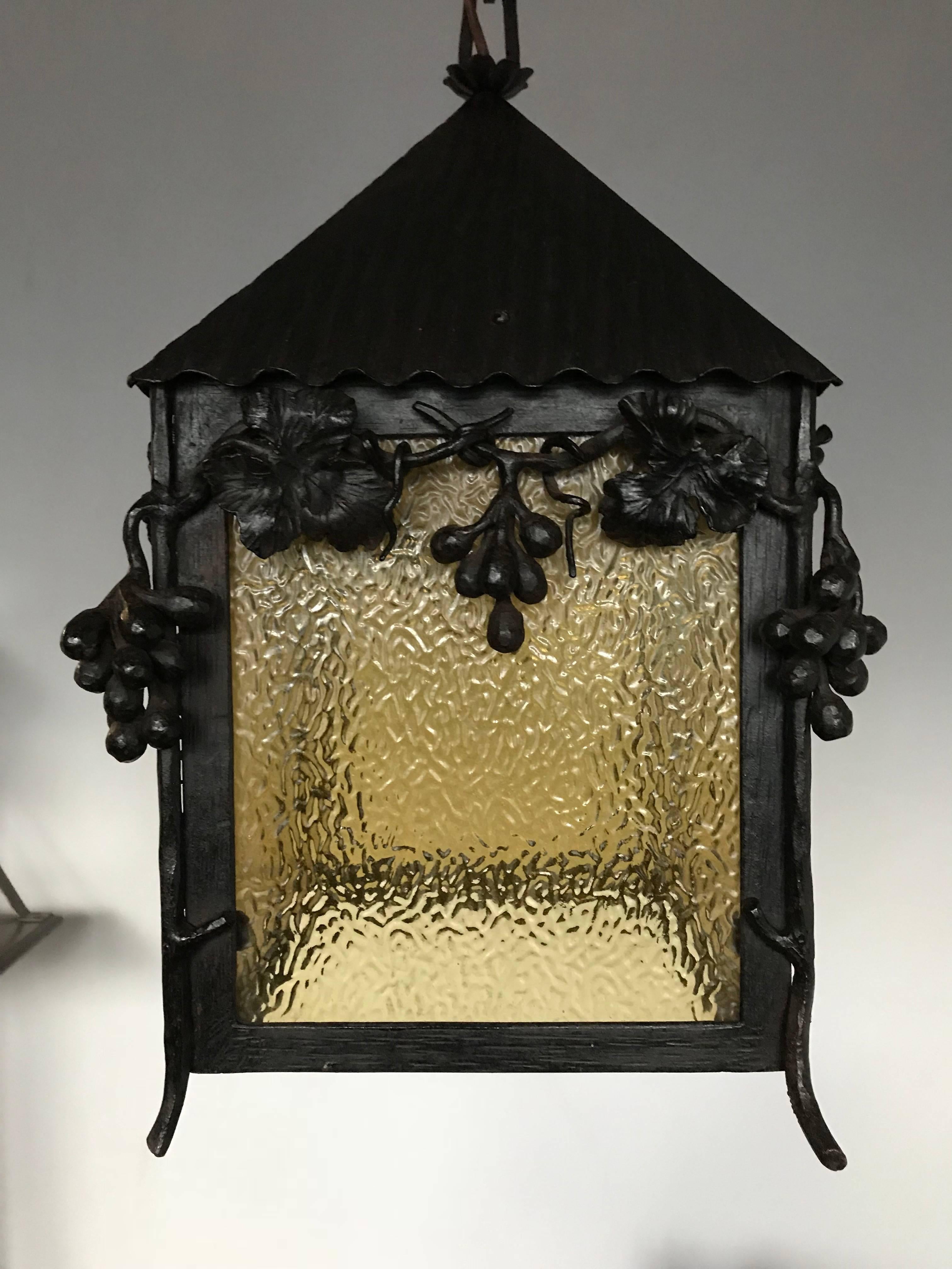 Hand-Crafted Unique Art Nouveau Wrougt Iron Pendant Light Porch Lantern by Alberic Plettinck
