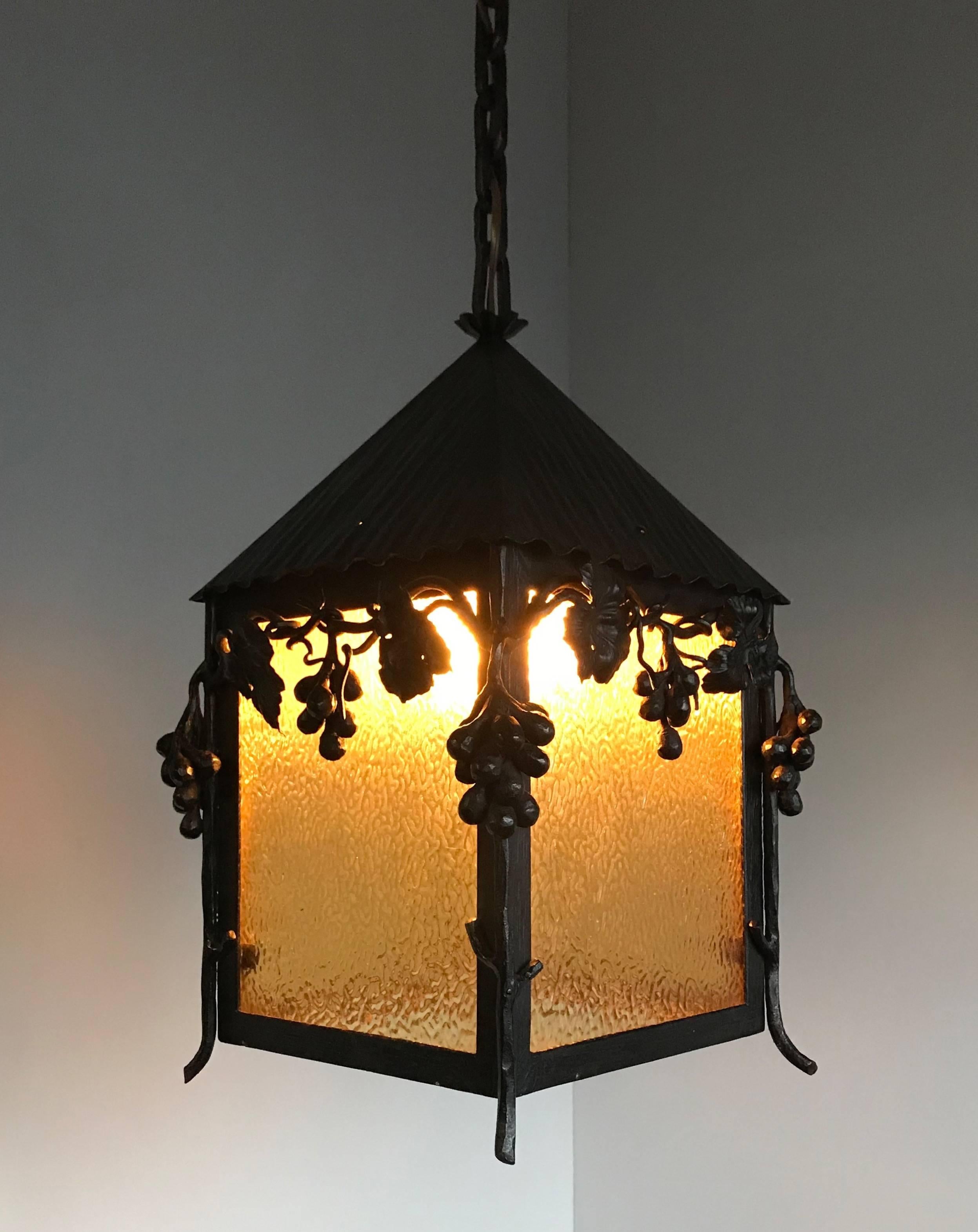 Wrought Iron Unique Art Nouveau Wrougt Iron Pendant Light Porch Lantern by Alberic Plettinck