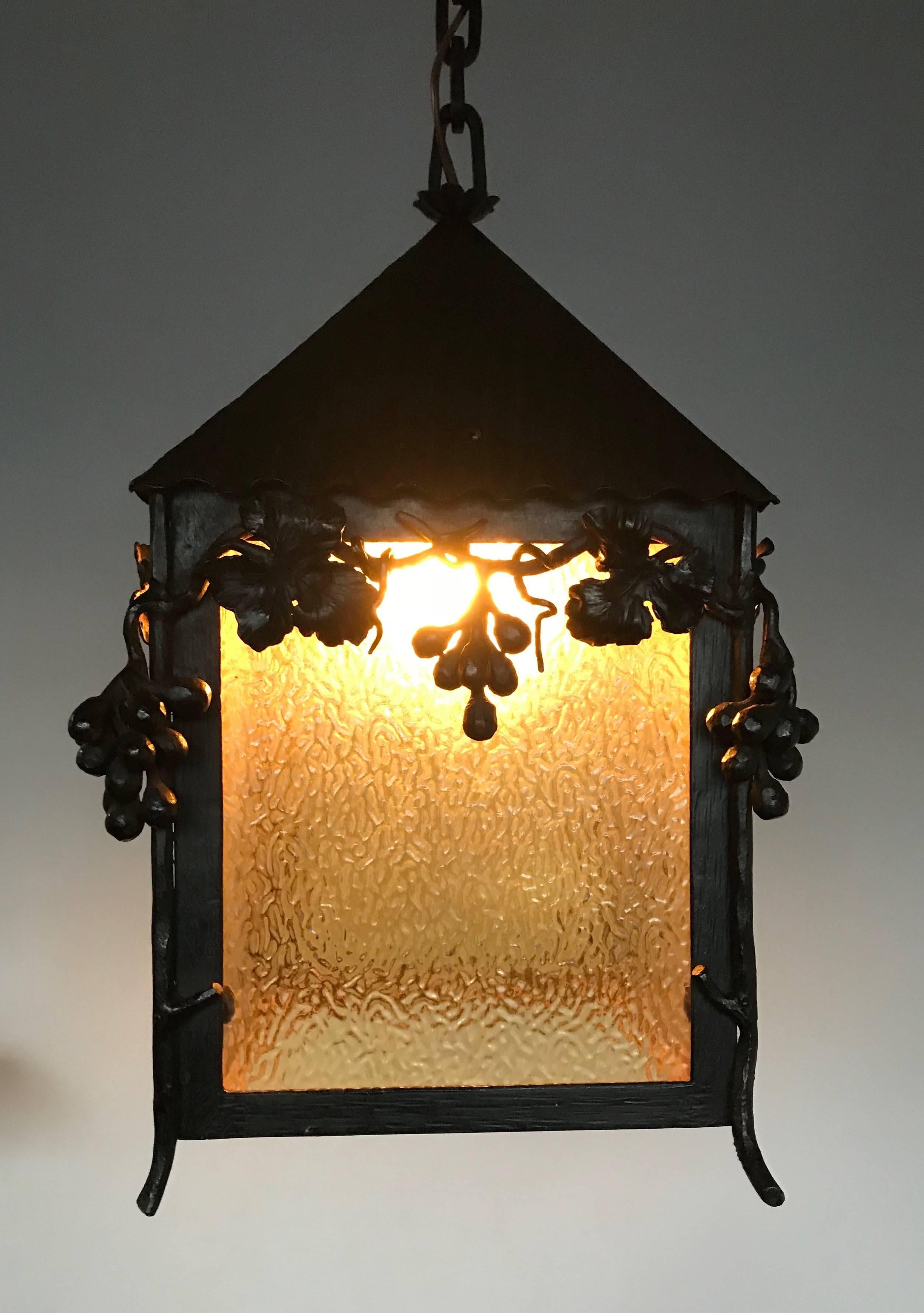 Unique Art Nouveau Wrougt Iron Pendant Light Porch Lantern by Alberic Plettinck 1