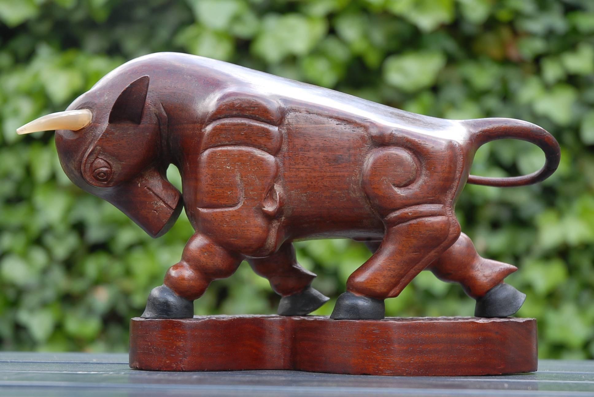 European Stunning Early 1900s Modernist Hand-Carved Solid Teakwood Bull with Signature For Sale