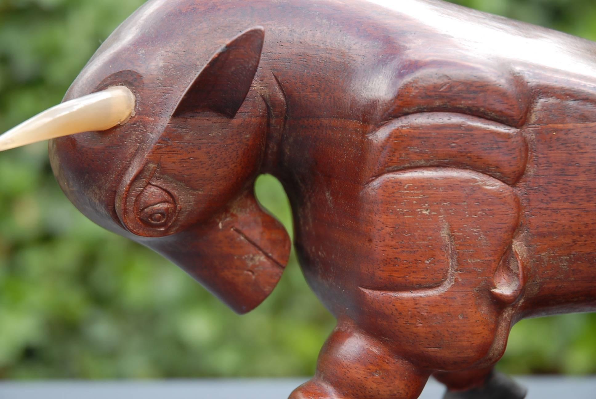 20th Century Stunning Early 1900s Modernist Hand-Carved Solid Teakwood Bull with Signature For Sale