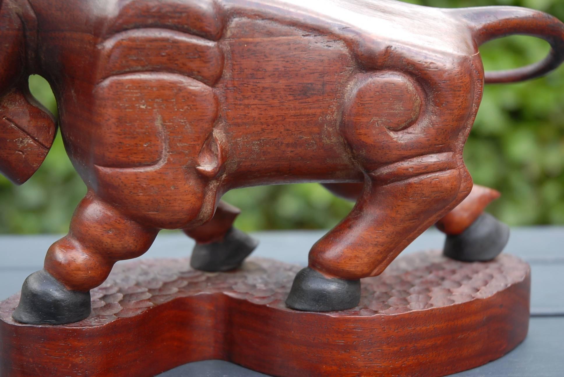 Lucite Stunning Early 1900s Modernist Hand-Carved Solid Teakwood Bull with Signature For Sale