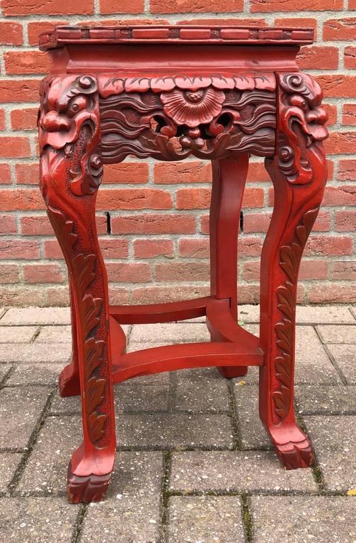 Antique Japanese Carved Wood Red Lacquered and Marked Table Stand and Painted Dragon For Sale at