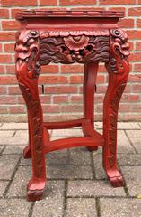 Antique Japanese Carved Wood Red Lacquered Vase or Plant Pedestal Stand / Table