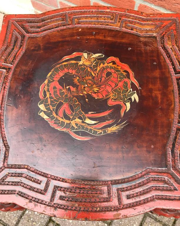 Antique Japanese Carved Wood Red Lacquered Vase or Plant Pedestal Stand / Table at 1stDibs