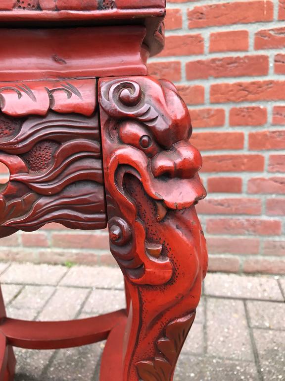 Antique Japanese Carved Wood Red Lacquered Vase or Plant Pedestal Stand / Table at 1stDibs