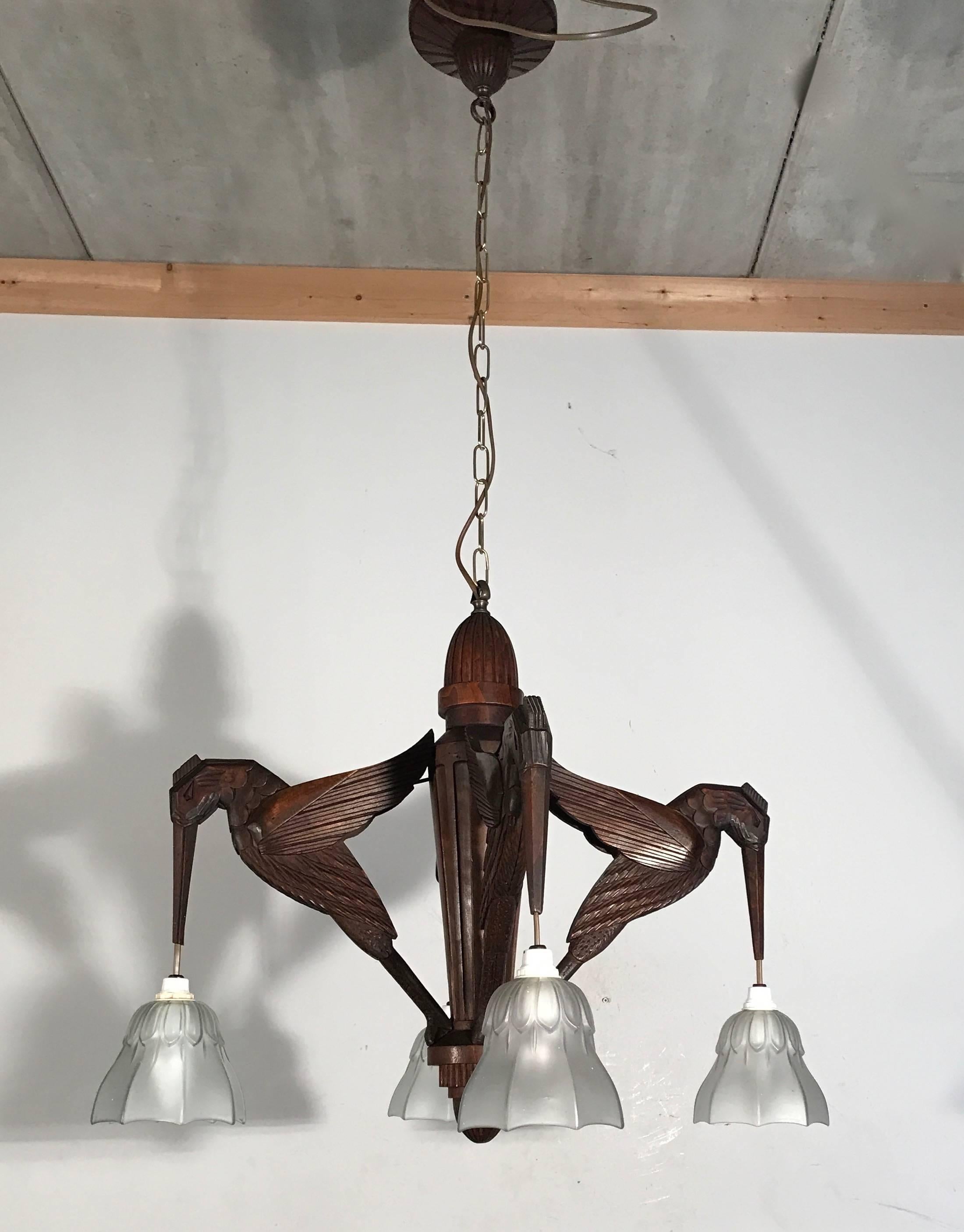 Amazing Hand-Carved Art Deco Pendant / Chandelier with Stylized Hummingbirds In Excellent Condition In Lisse, NL