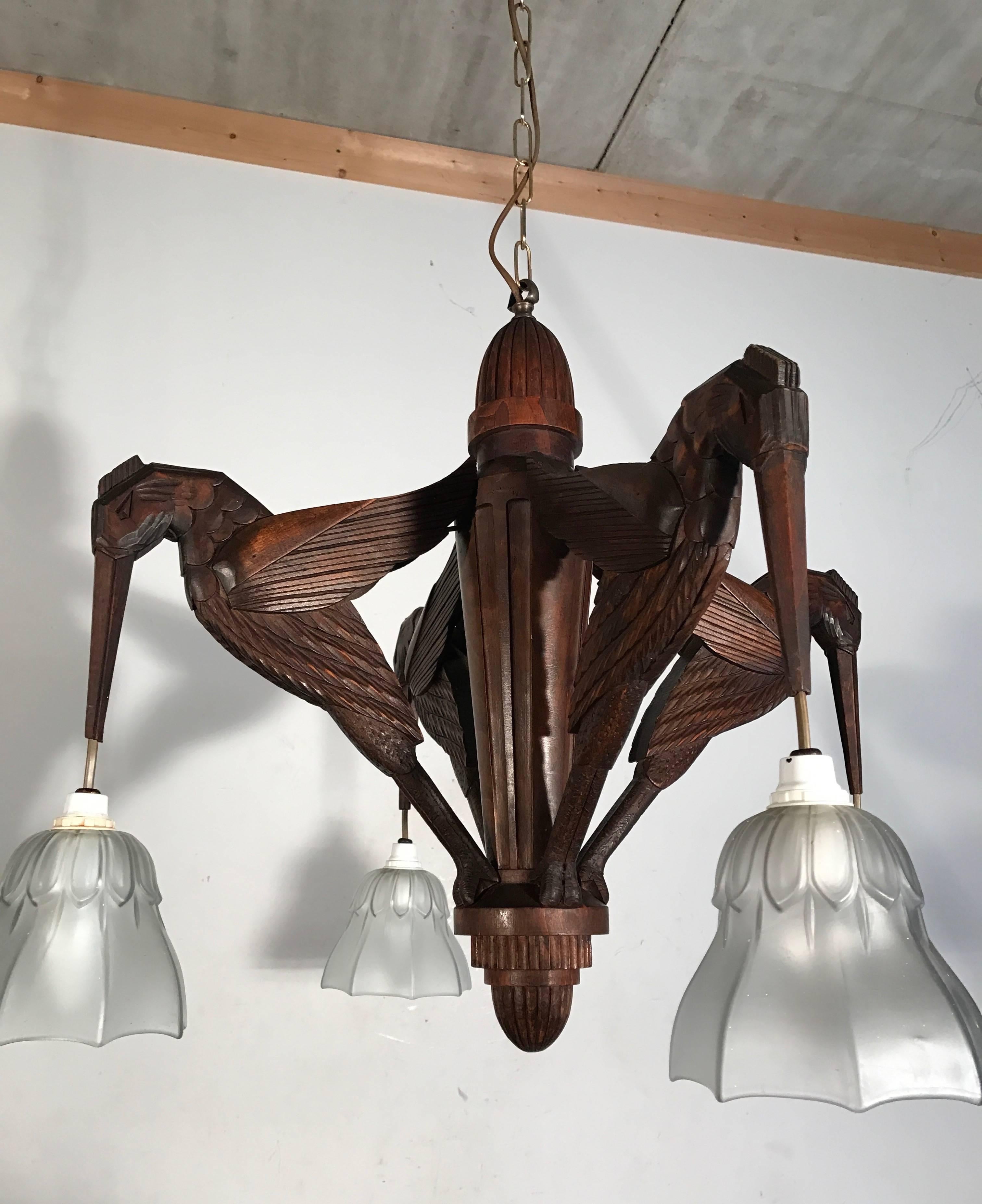 20th Century Amazing Hand-Carved Art Deco Pendant / Chandelier with Stylized Hummingbirds
