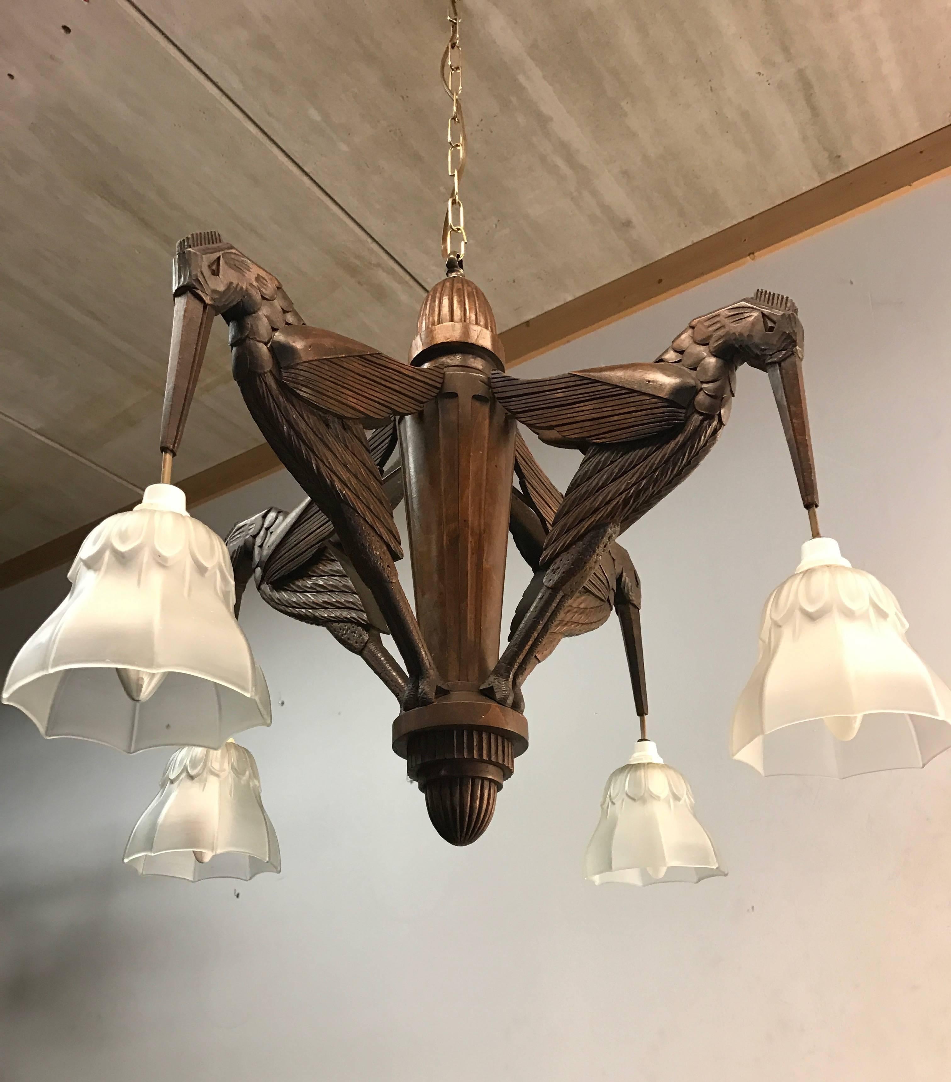 Amazing Hand-Carved Art Deco Pendant / Chandelier with Stylized Hummingbirds 4