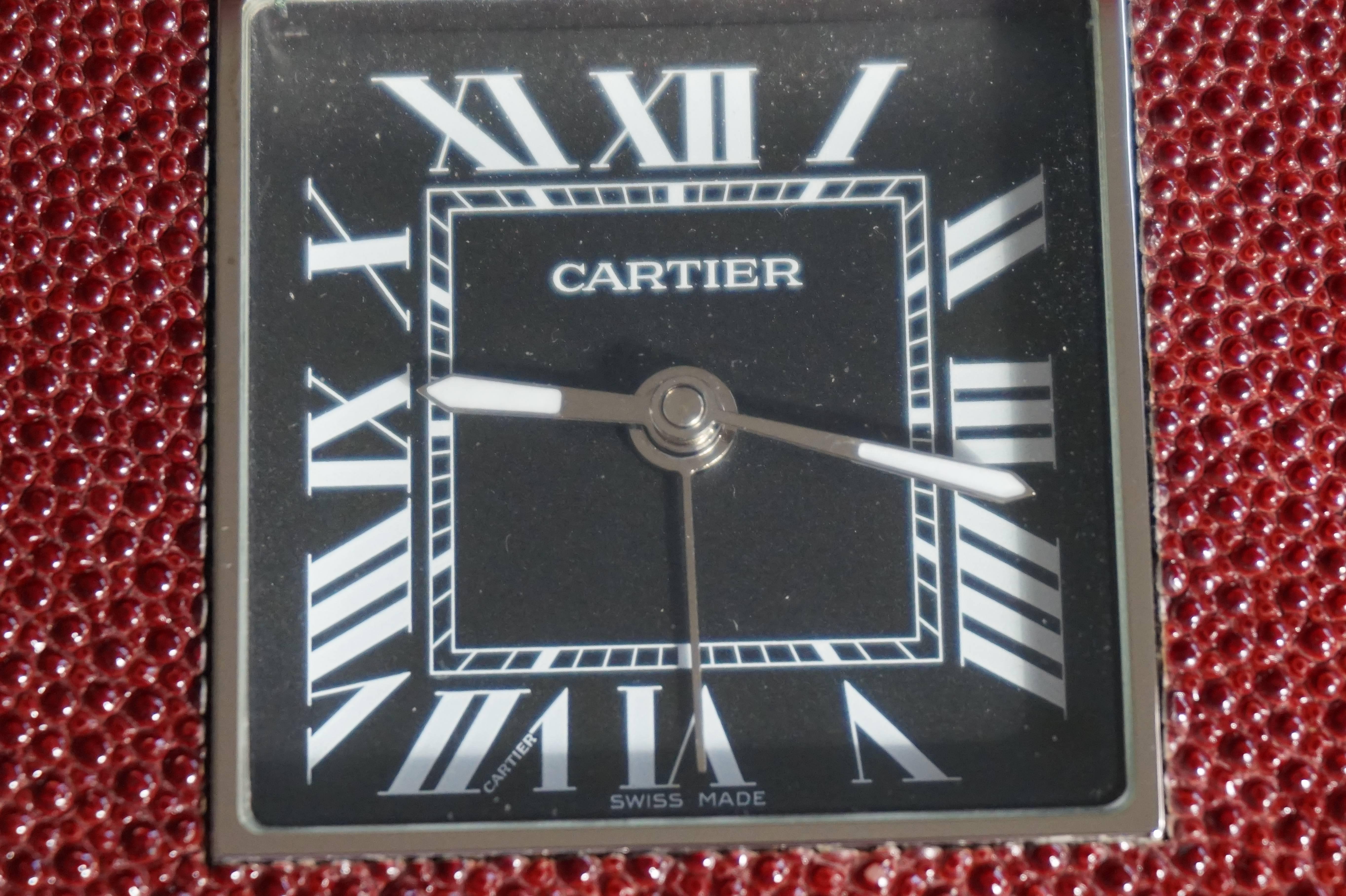 French Art Deco Style Cartier Table, Desk Traveling Clock in Original Mint Leather Box