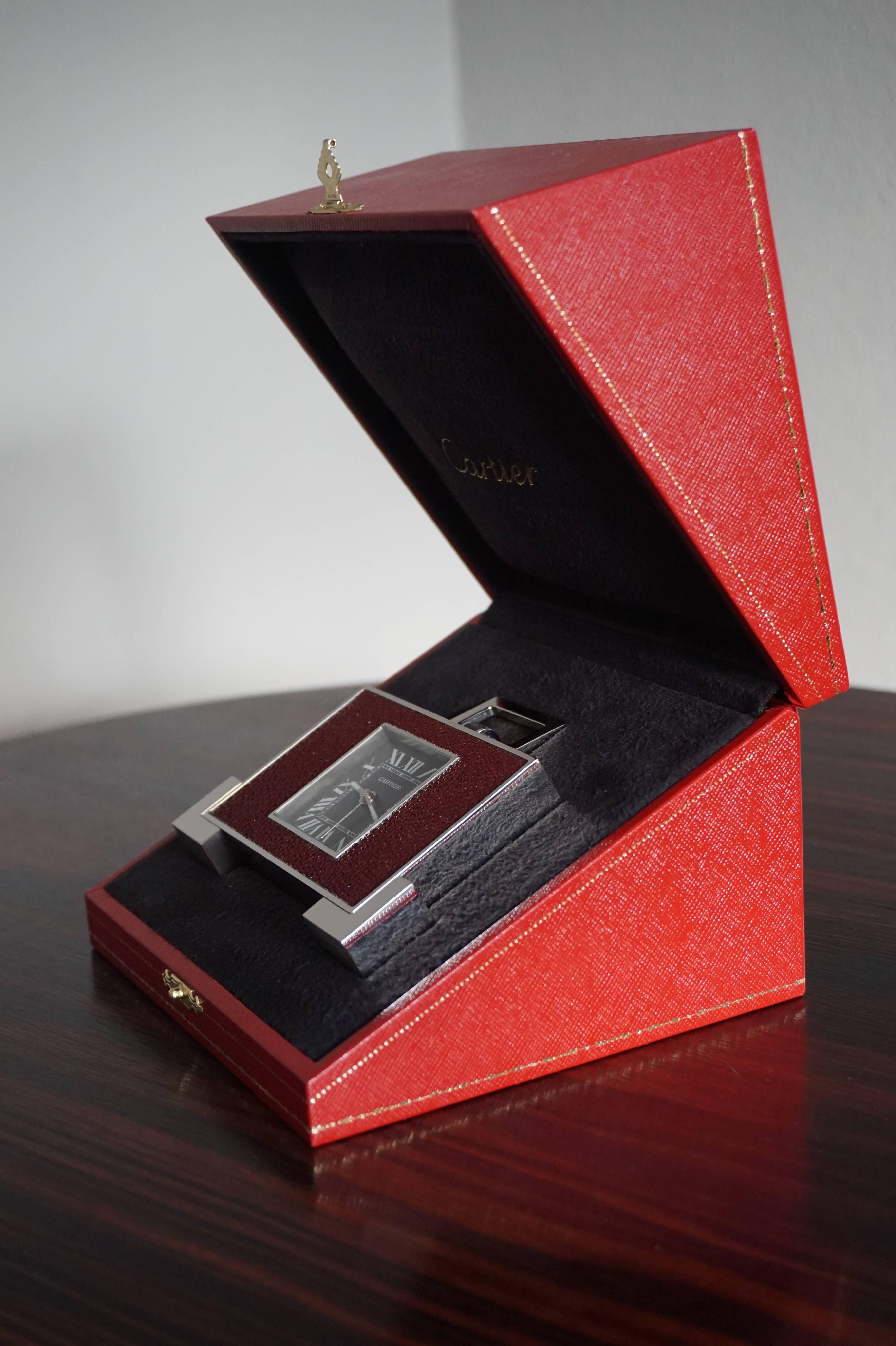 Art Deco Style Cartier Table, Desk Traveling Clock in Original Mint Leather Box In Excellent Condition In Lisse, NL