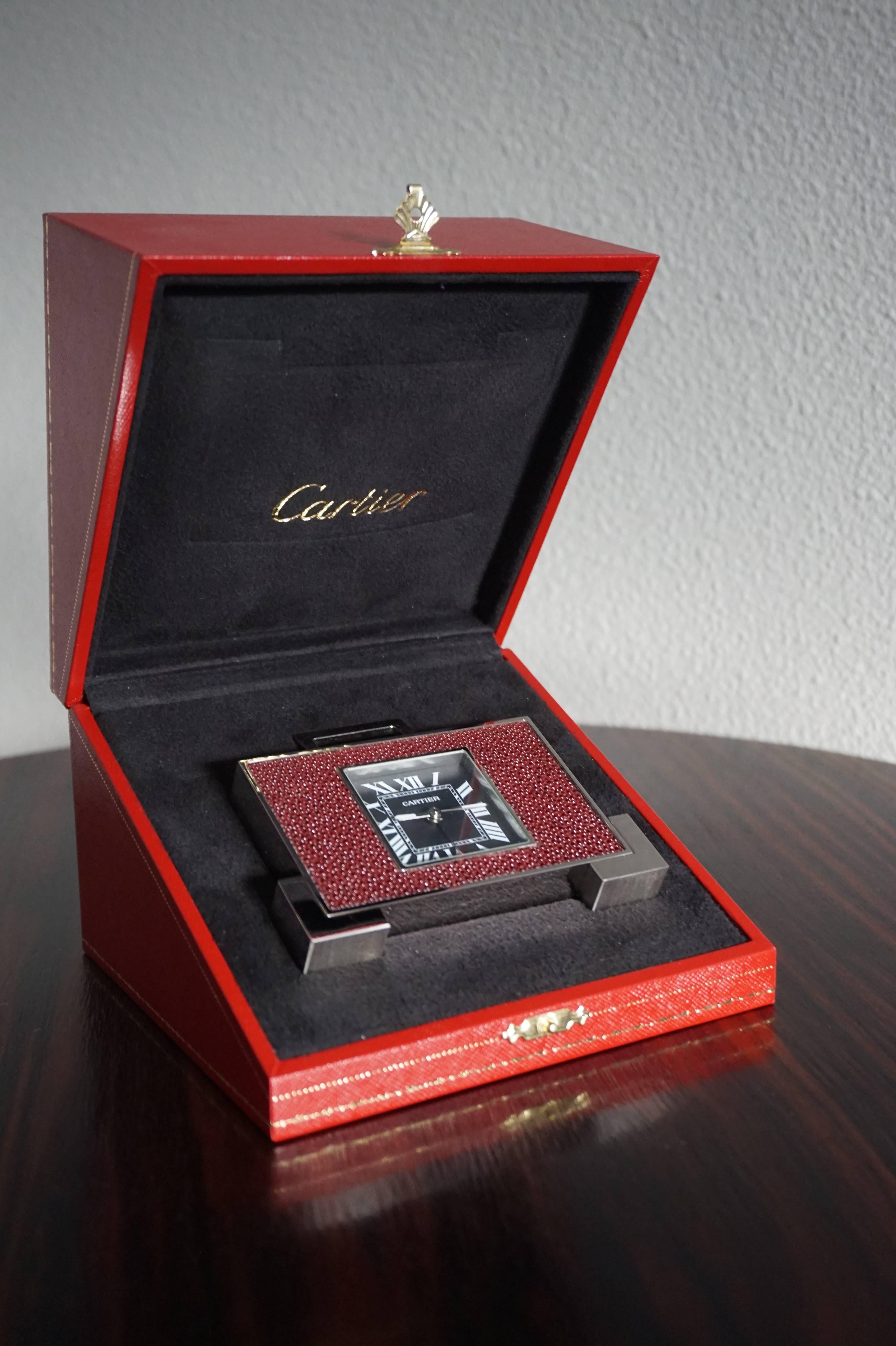 Art Deco Style Cartier Table, Desk Traveling Clock in Original Mint Leather Box 2