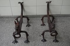 Early 1900s Forged in Fire Wrought Iron Dragon Andirons / Fireplace Firedogs
