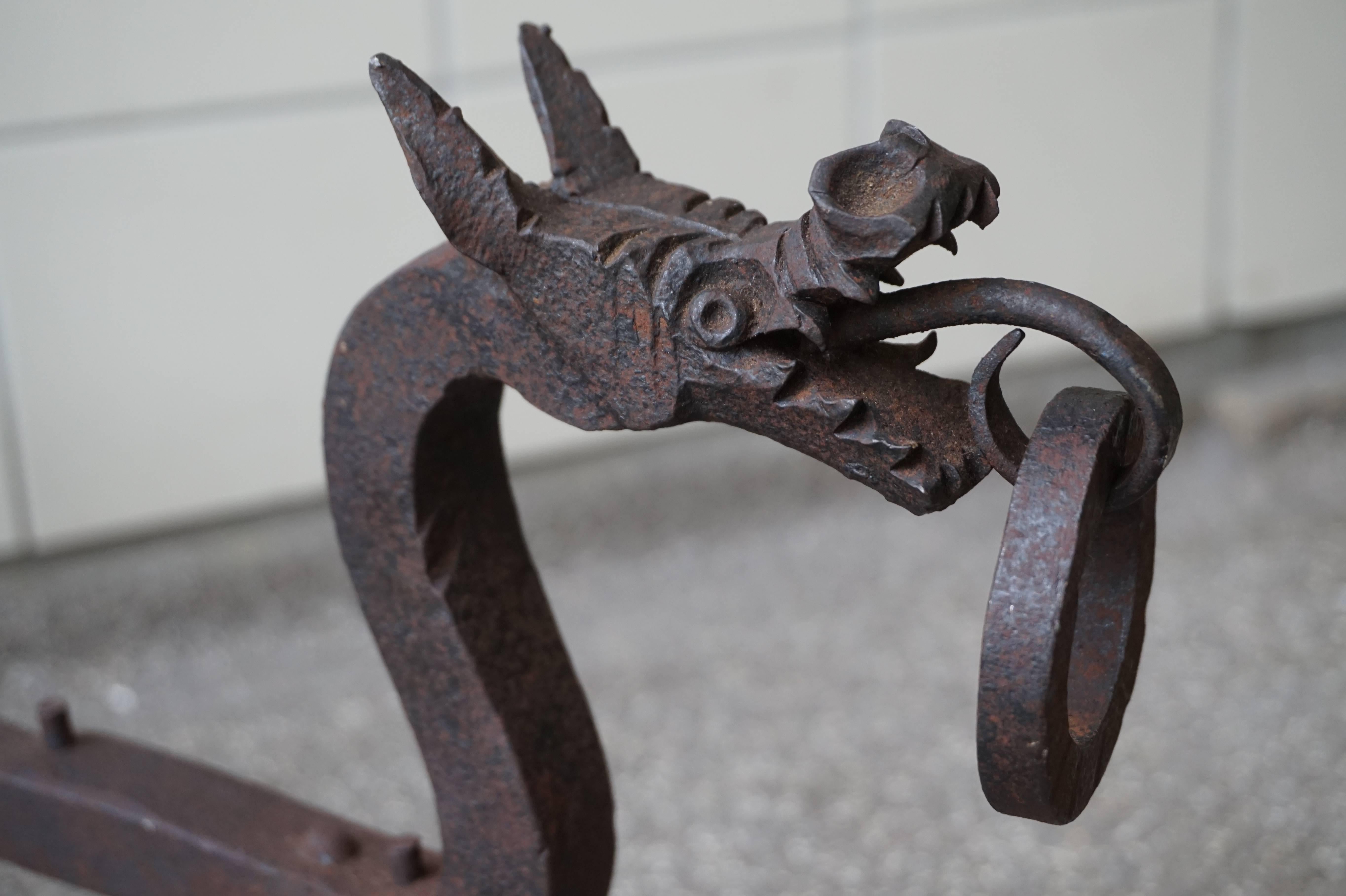 French Early 1900s Forged in Fire Wrought Iron Dragon Andirons / Fireplace Firedogs
