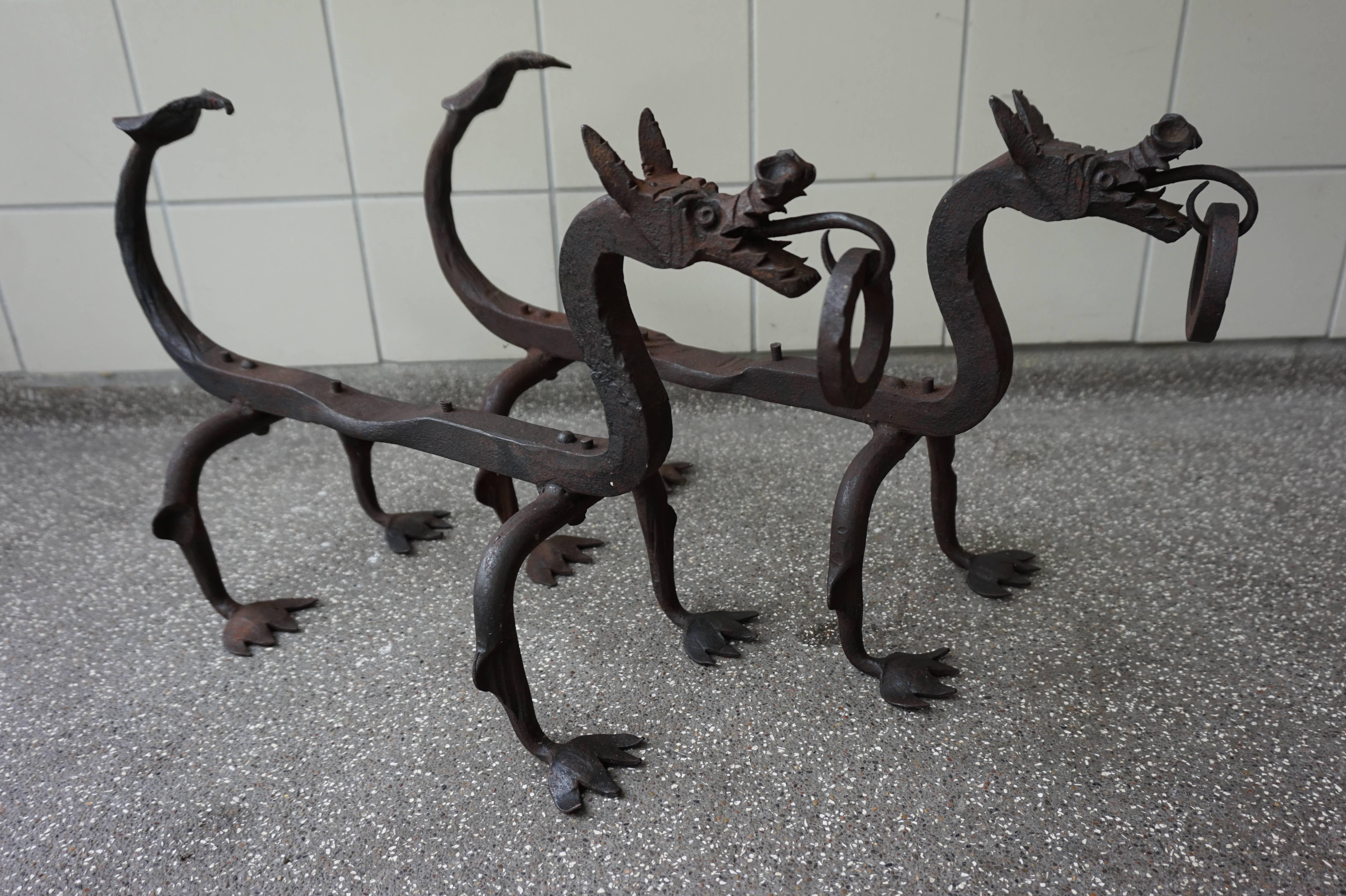 Hand-Crafted Early 1900s Forged in Fire Wrought Iron Dragon Andirons / Fireplace Firedogs