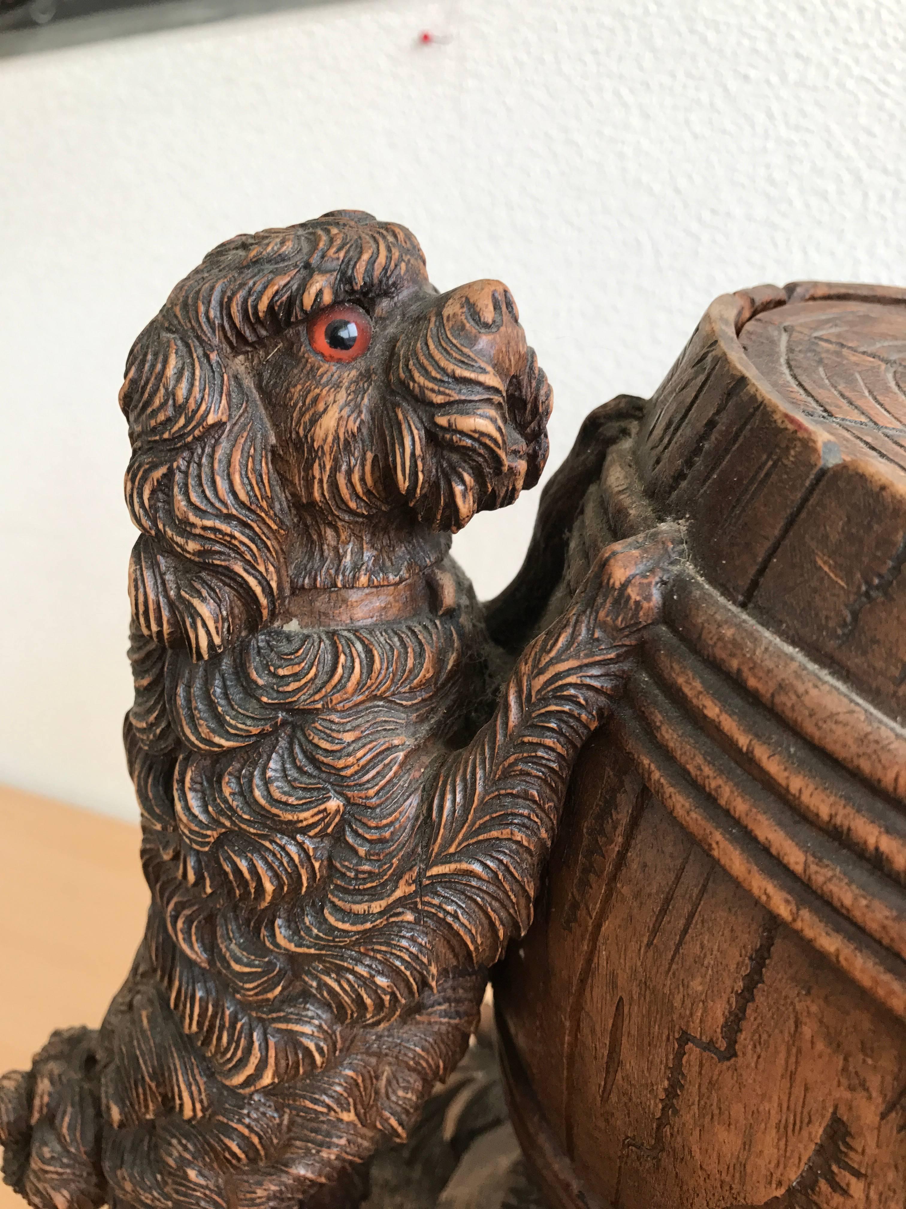 Swiss Antique Black Forest Carved Walnut Tobacco or Cigar Box Humidor Great Poodle Dog For Sale