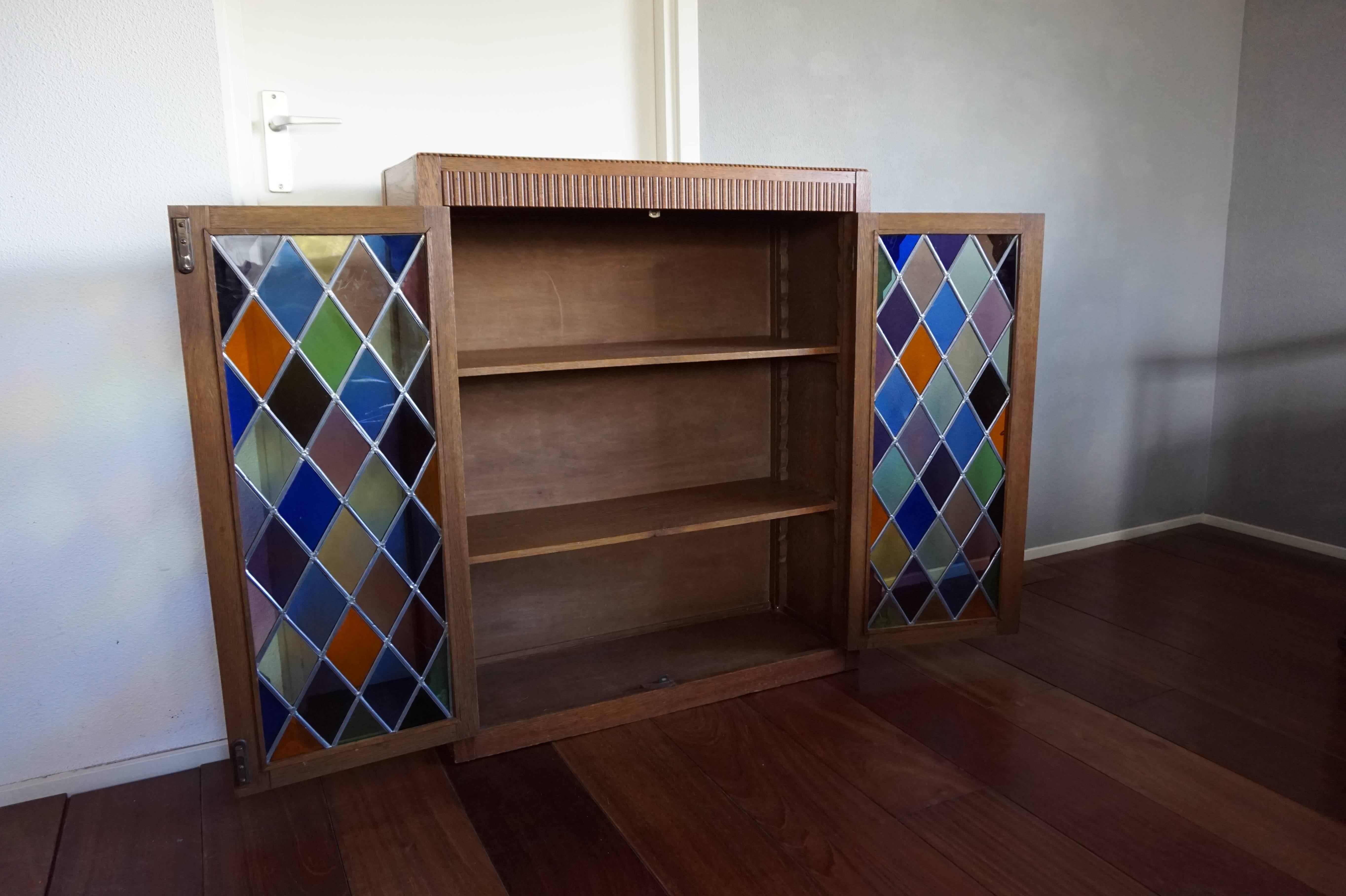 20th Century Small Handcrafted Art Deco 1930s Bookcase with Stunning Stained Glass Windows