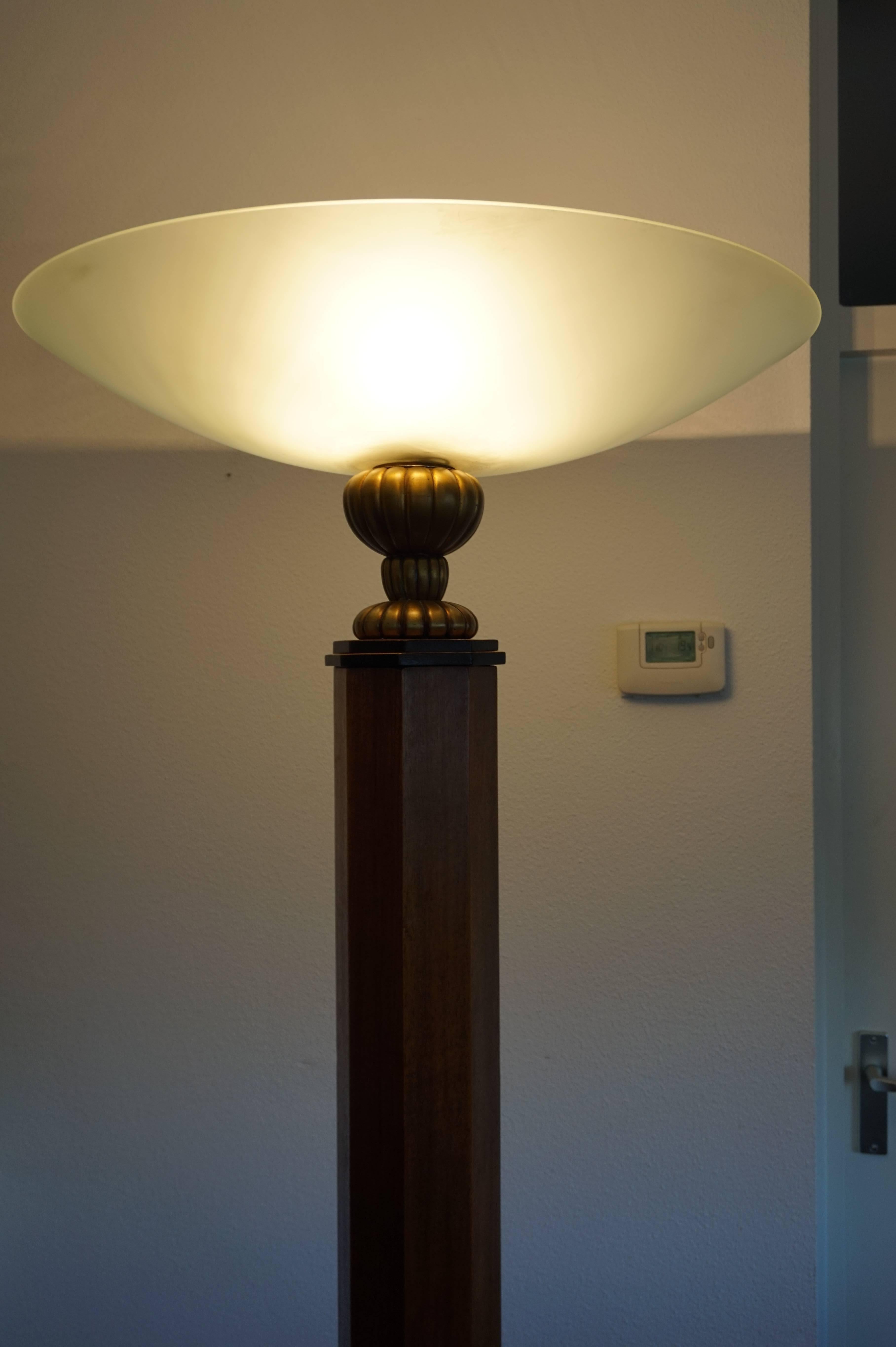 Bronze Rare and Beautiful Mahogany Art Deco Octagonal Floor Lamp with Glass Shade 1930s