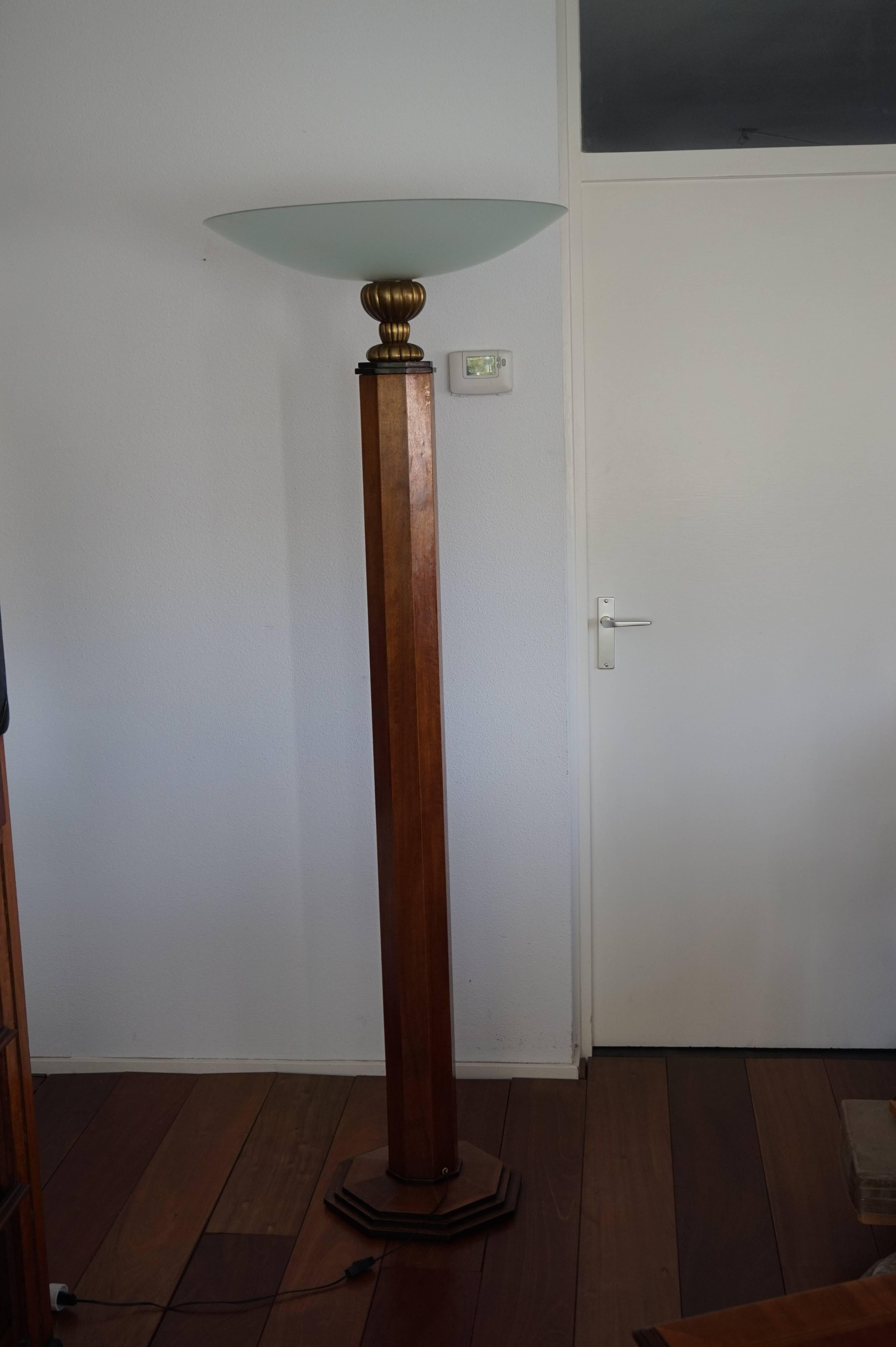 Rare and Beautiful Mahogany Art Deco Octagonal Floor Lamp with Glass Shade 1930s 1