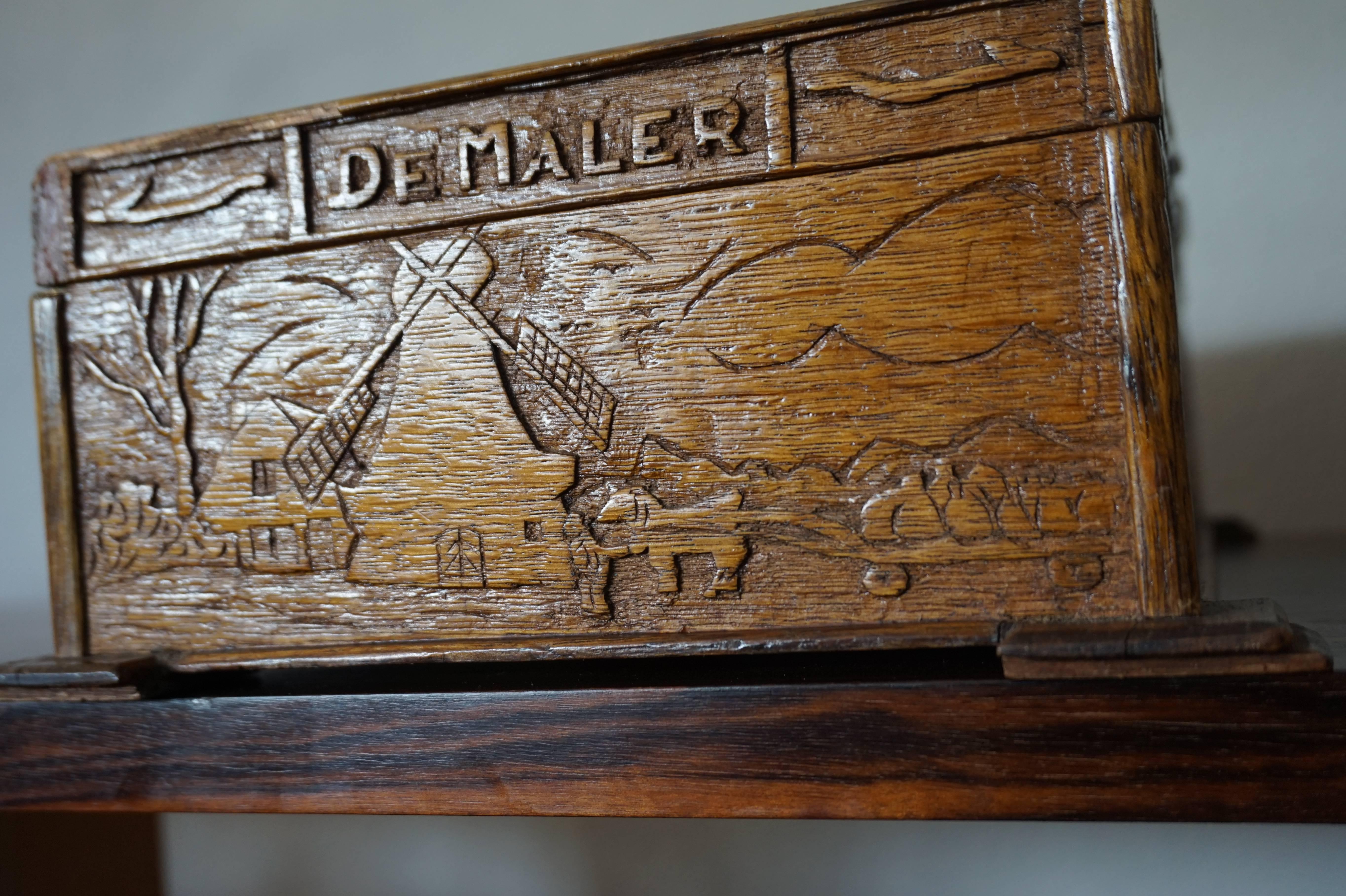 Wood Hand-Carved Dutch Folk Art Box Depicting the Sower Mower Thresher Grinder