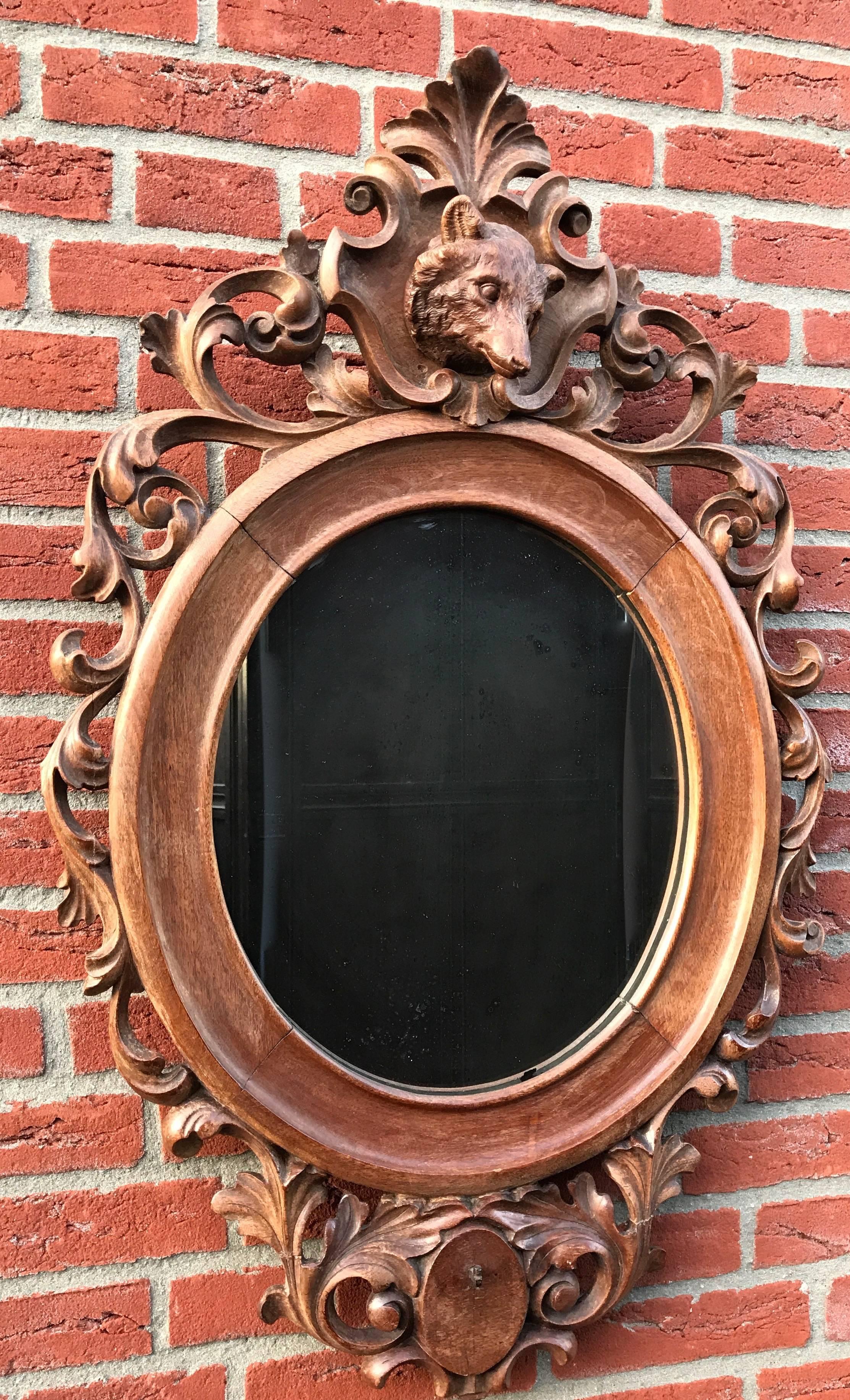Wood 18th Century Impressive and Hand Crafted Oak Hunting Wall Mirror with Carved Fox